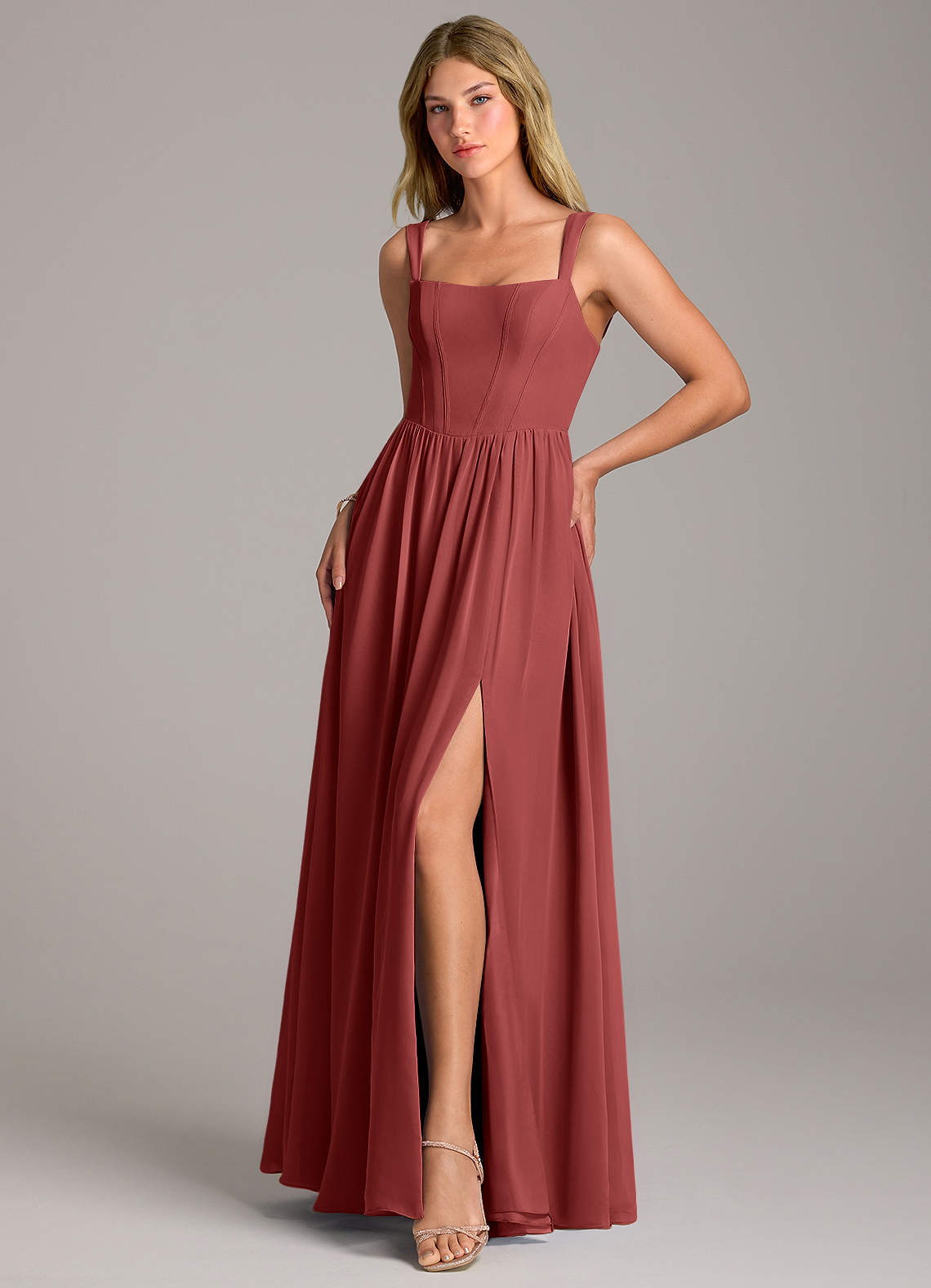 Rosaline A-Line Square-Neck Chiffon Bridesmaid Dress in Terracotta