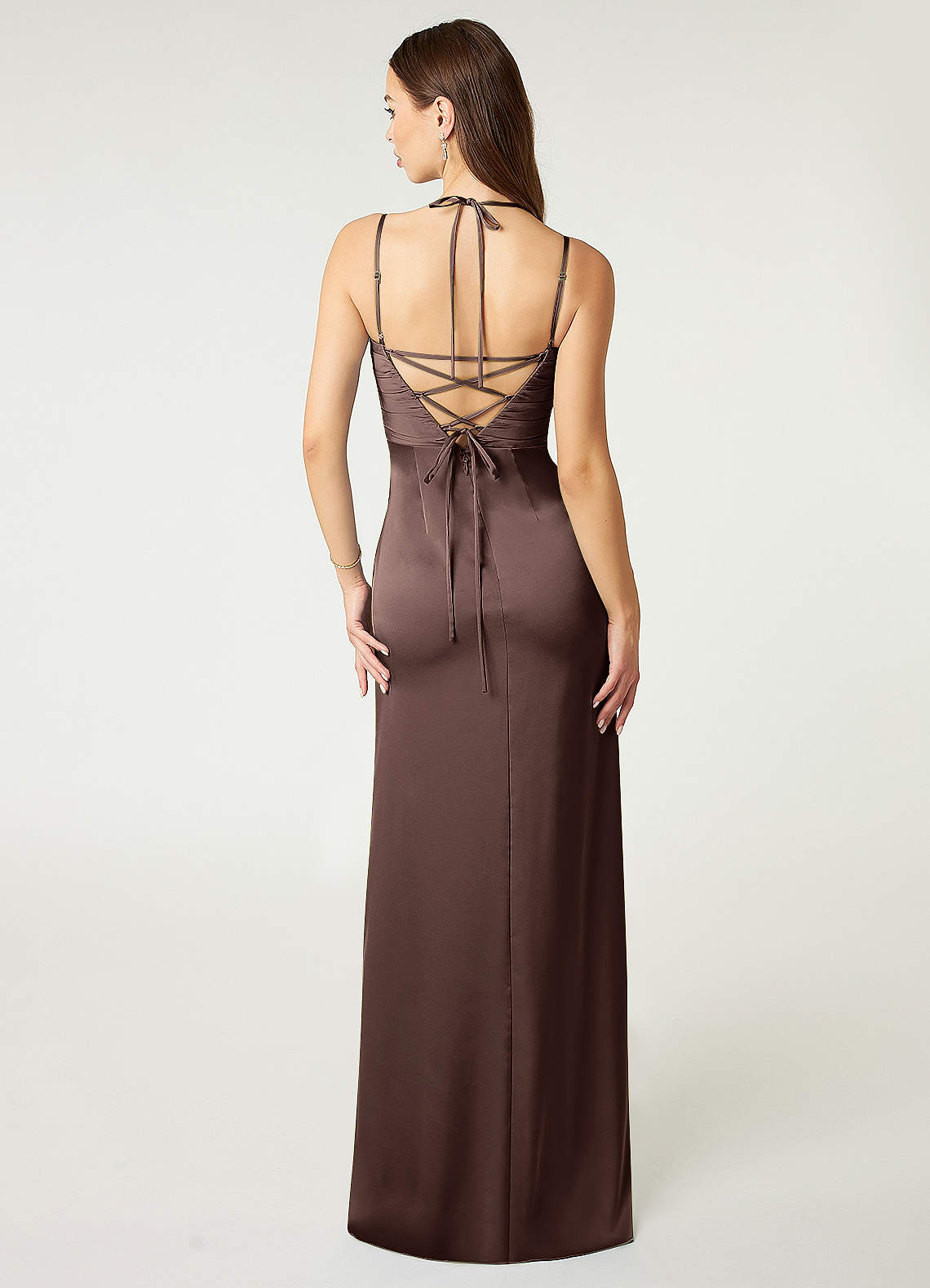 Desi Sheath Halter Stretch Satin Bridesmaid Dress in Ganache