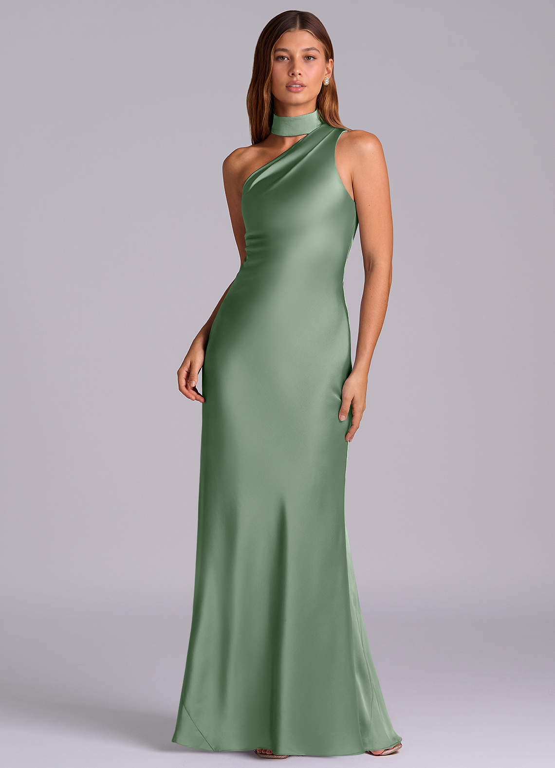Seona Mermaid One-Shoulder Stretch Satin and Tulle Bridesmaid Dress in Matcha