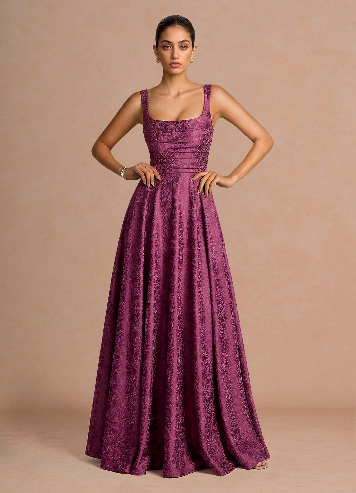 Elowena A-Line Square-Neck Satin Jacquard Evening Dress in Sky Blue