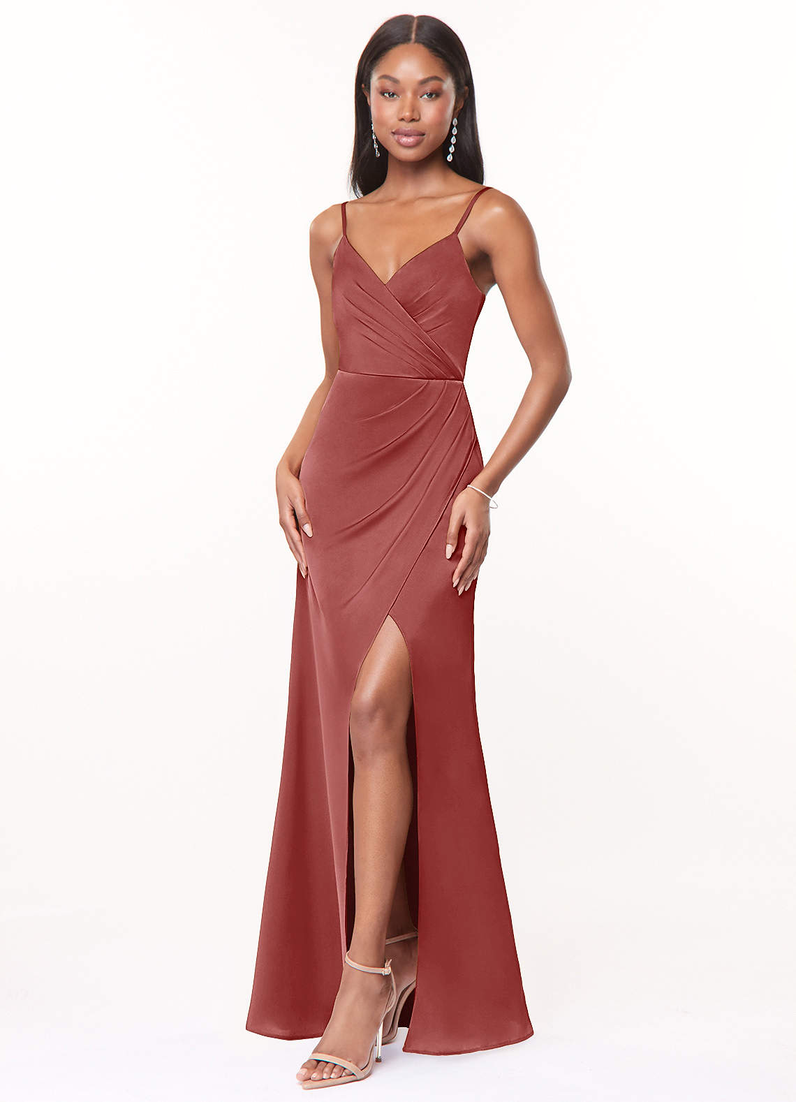 Maci A-Line V-Neck Stretch Satin Bridesmaid Dress in Antique Rose