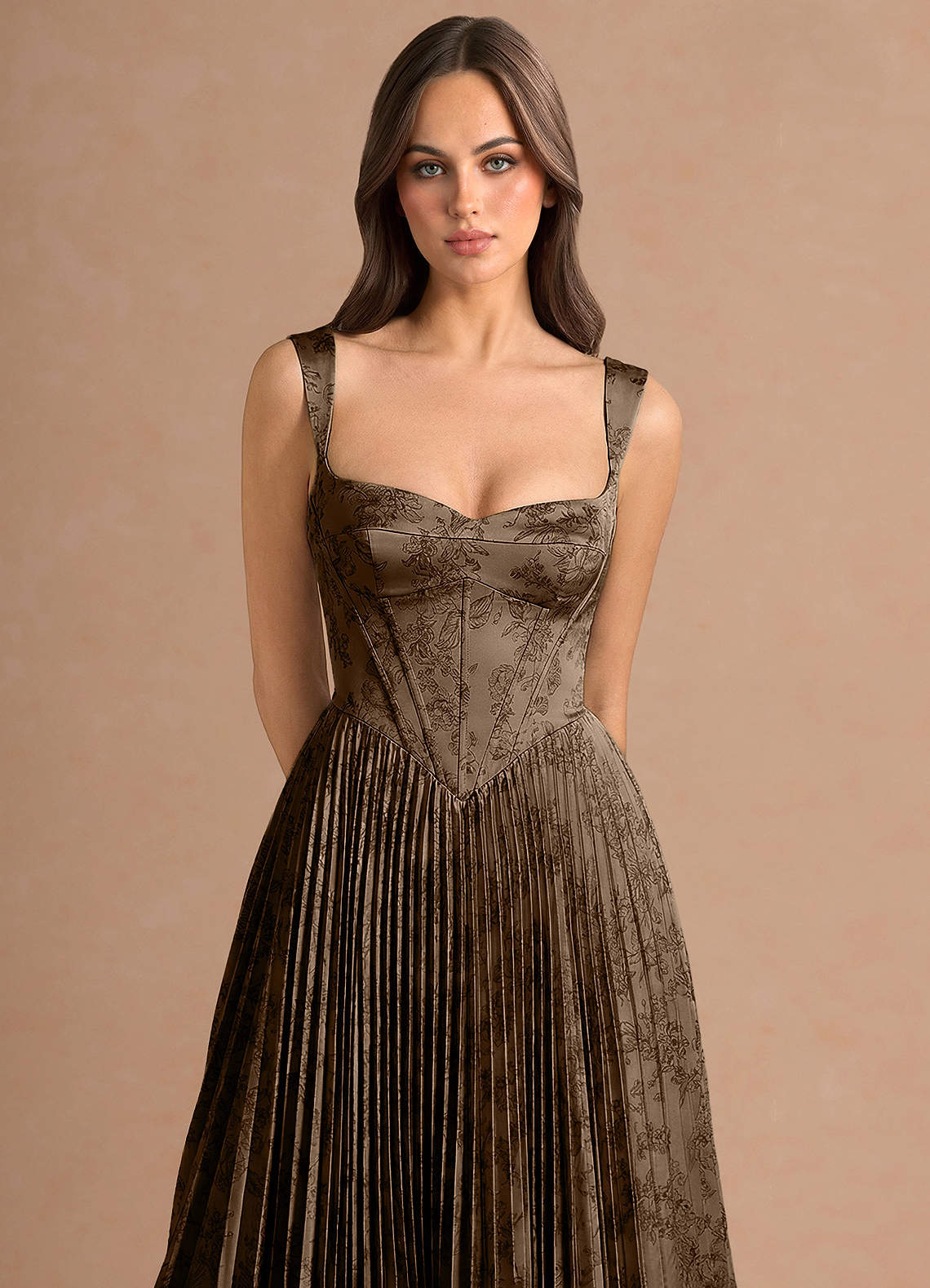 Isonelle A-Line Sweetheart Jacquard Wedding Guest Dress in Coffee Brown