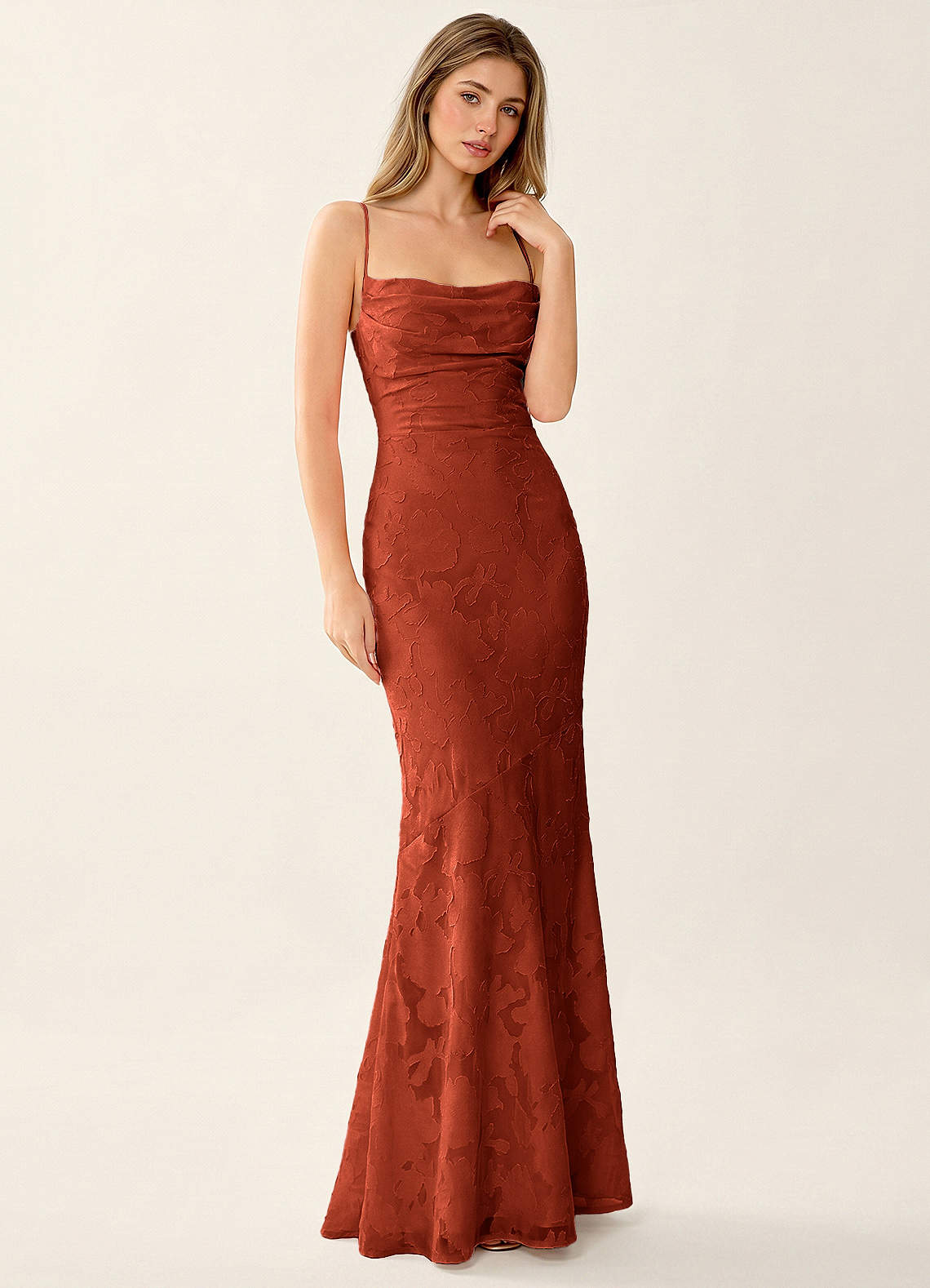 Natasha Mermaid Spaghetti-Strap Floral Burnout Evening Dress in Burgundy