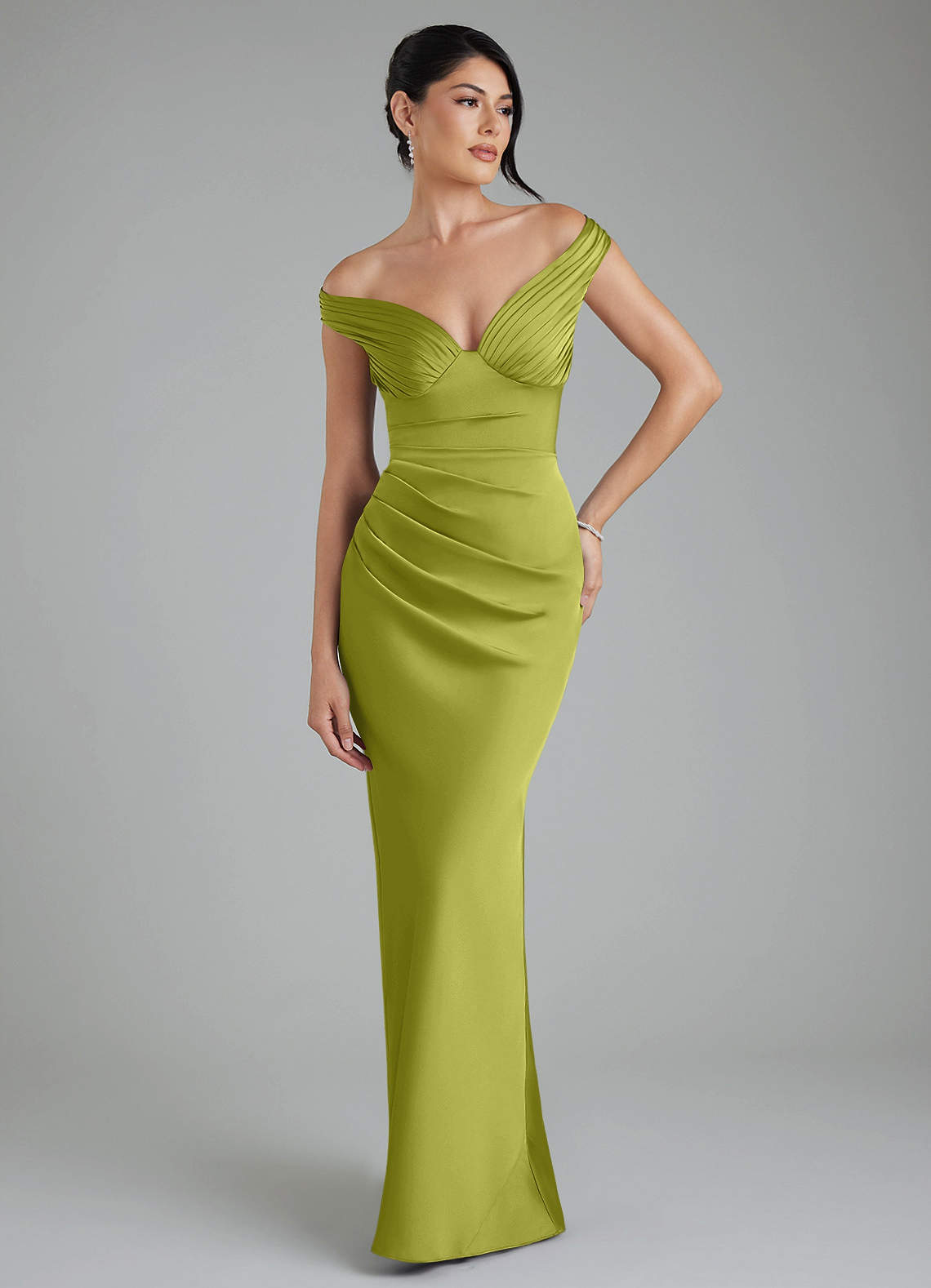 Stella Sheath V-Neck Stretch Satin Bridesmaid Dress in Lemongrass