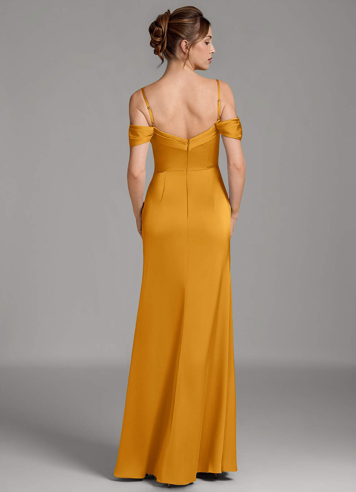 Wyatt Mermaid Off-the-Shoulder Stretch Satin Bridesmaid Dress in butterscotch