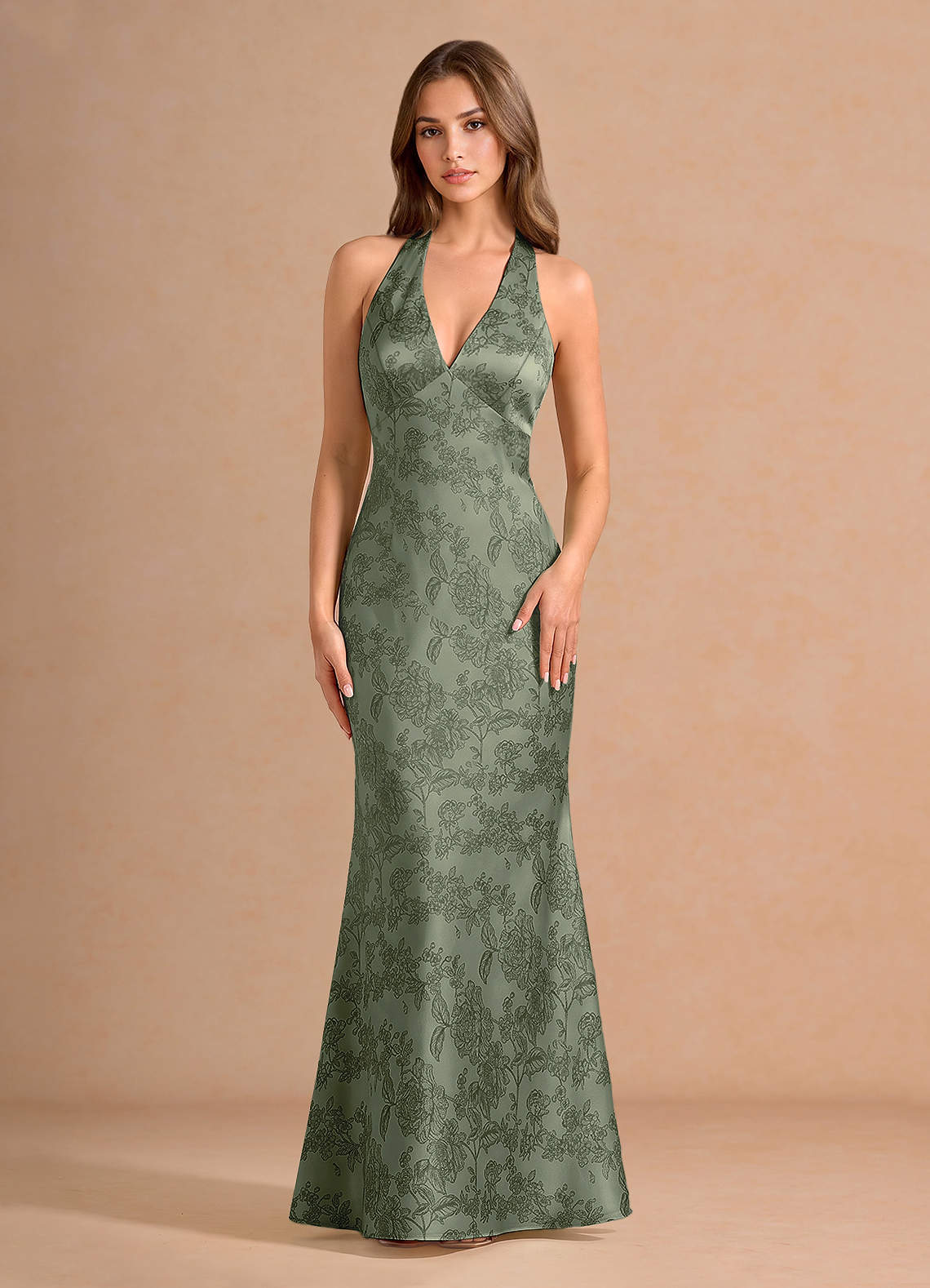 Ottoline Plunging V-Neck Open-Back Jacquard Evening Dress in Sage Blue