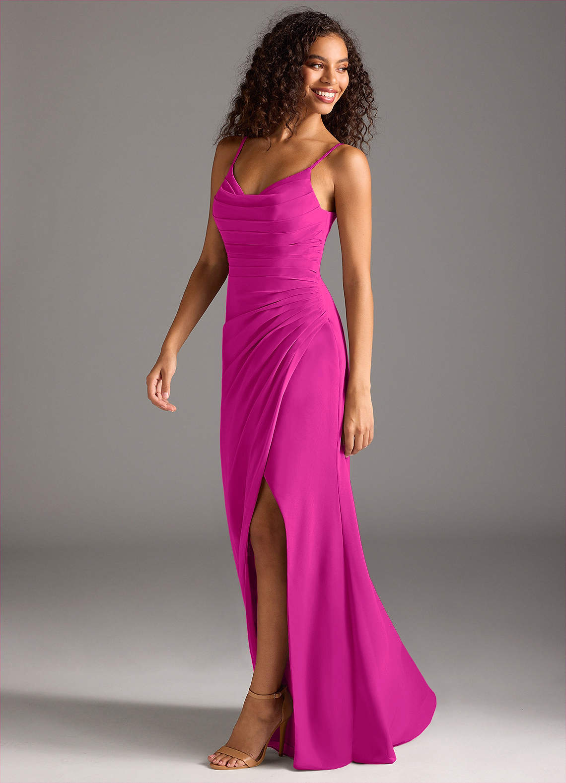Deandra Mermaid Cowl-Neck Chiffon Bridesmaid Dress in Fuchsia