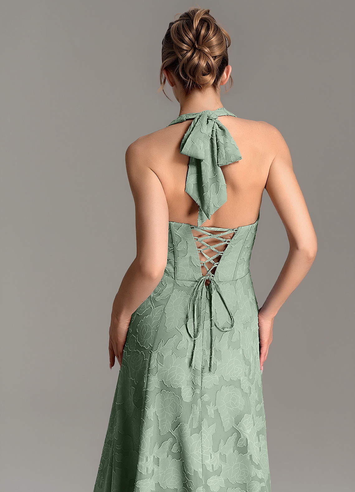 Nia A-Line V-Neck Floral Burnout Bridesmaid Dress in Matcha
