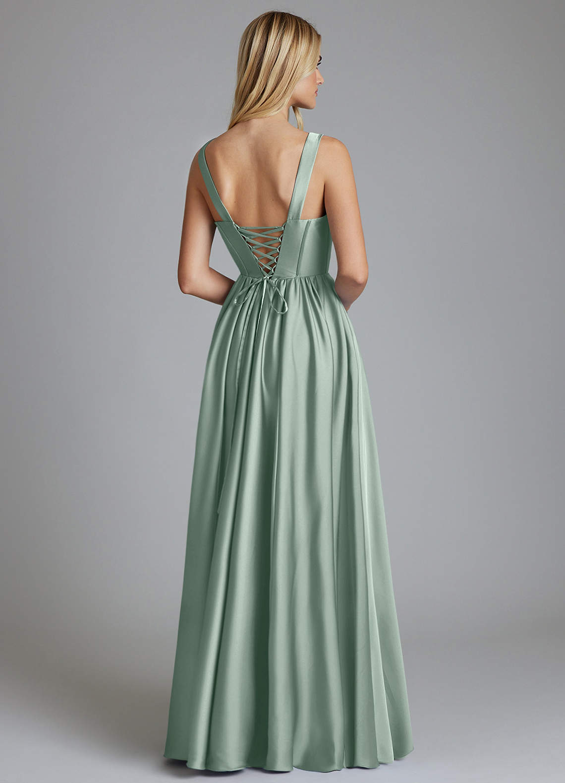 Delmie A-Line V-Neck Stretch Satin Bridesmaid Dress in Agave