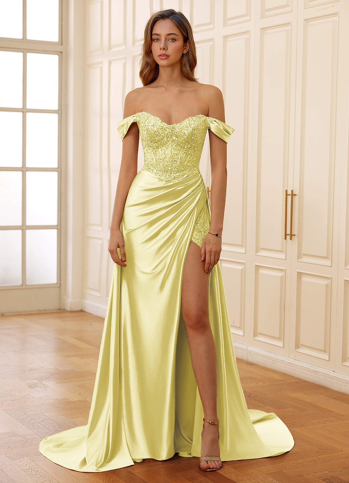 Rowane A-Line Off-the-Shoulder Satin Evening Dress in Yellow