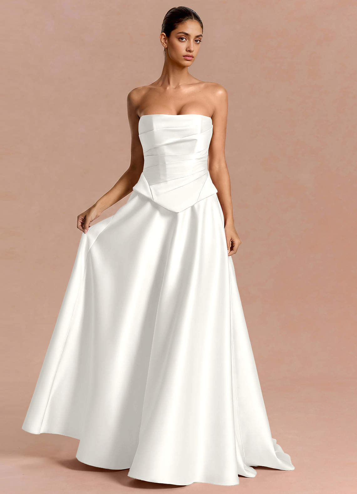 Eponine A-Line Pleated Stretch Satin Evening Dress in White