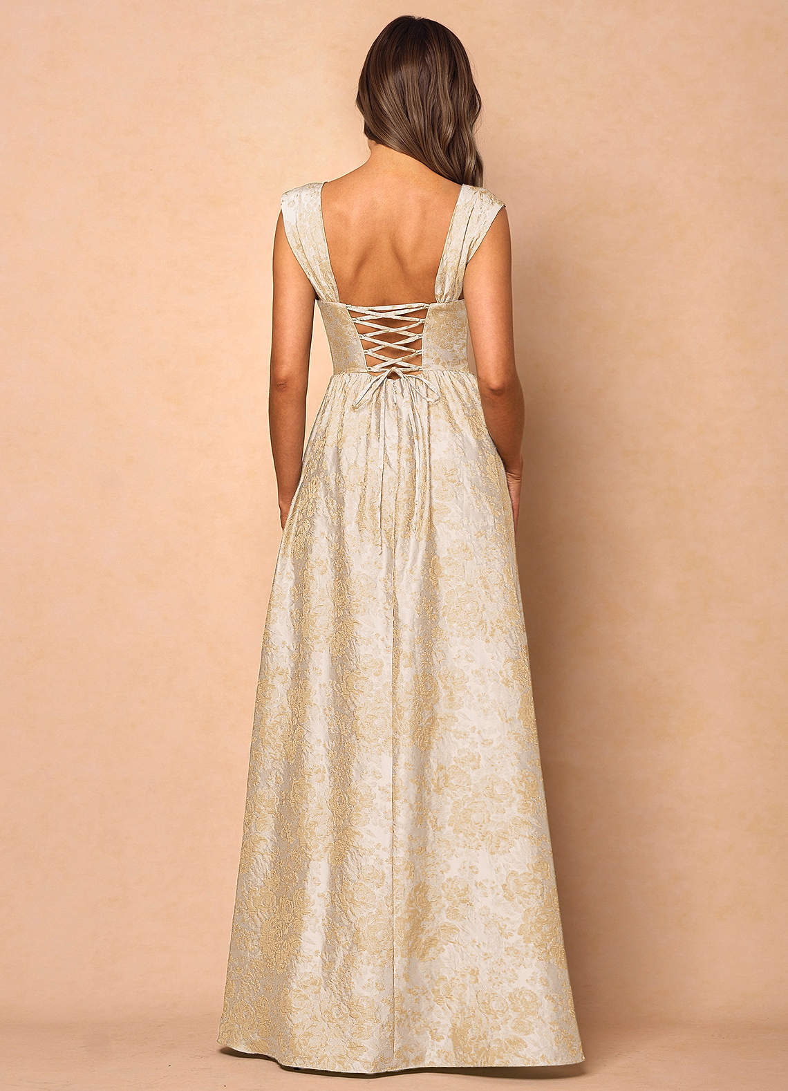 Runa Ball Gown Pleated Jacquard Taffeta Evening Dress in Vintage Champagne