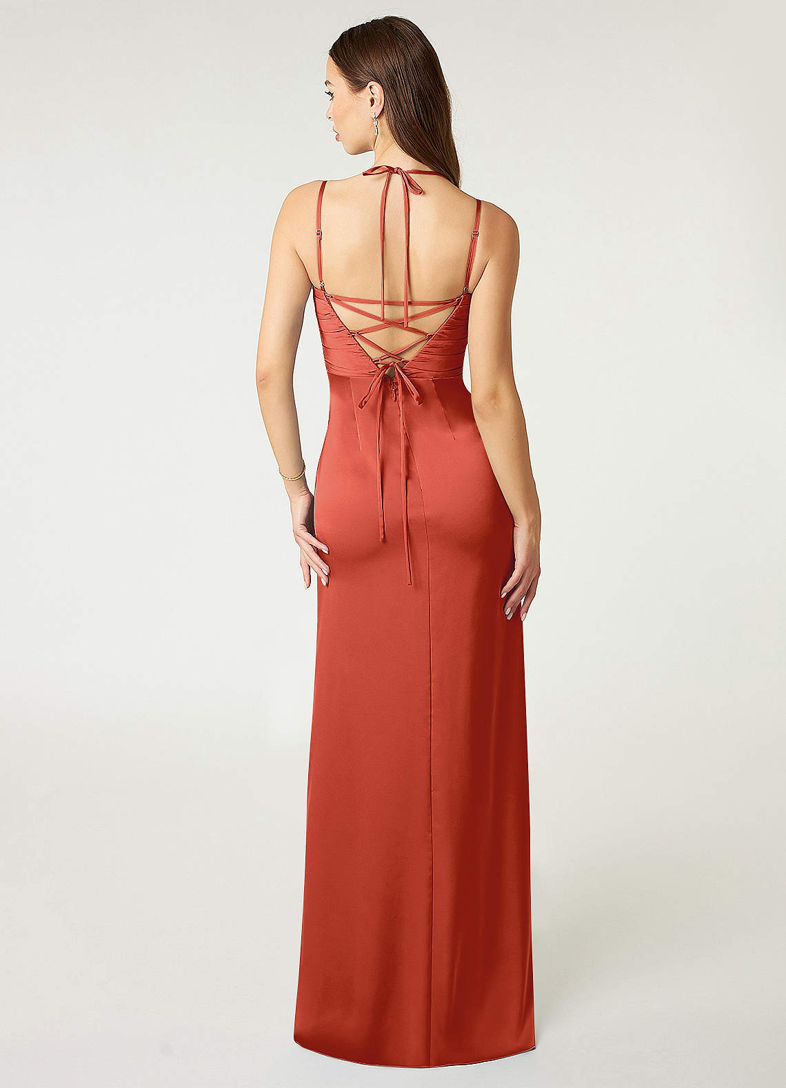 Desi Sheath Halter Stretch Satin Bridesmaid Dress in Rust