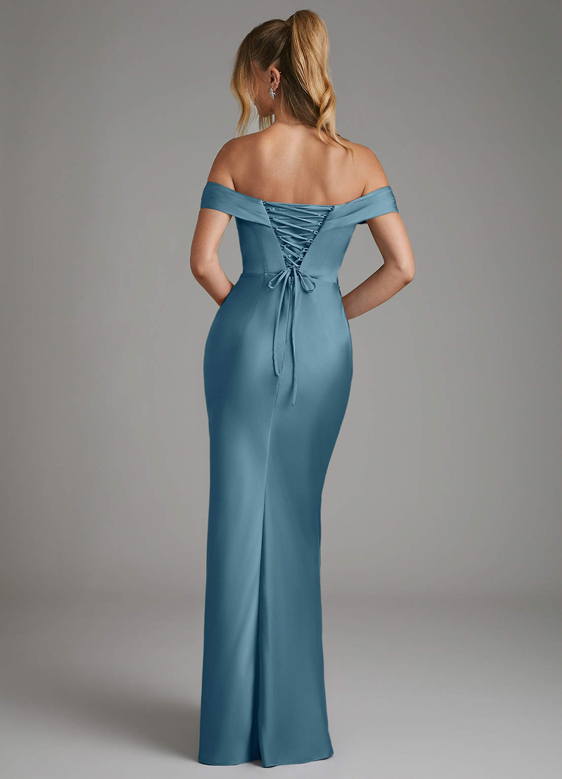 Hayden Mermaid Off-the-Shoulder Stretch Satin Bridesmaid Dress in Bermuda