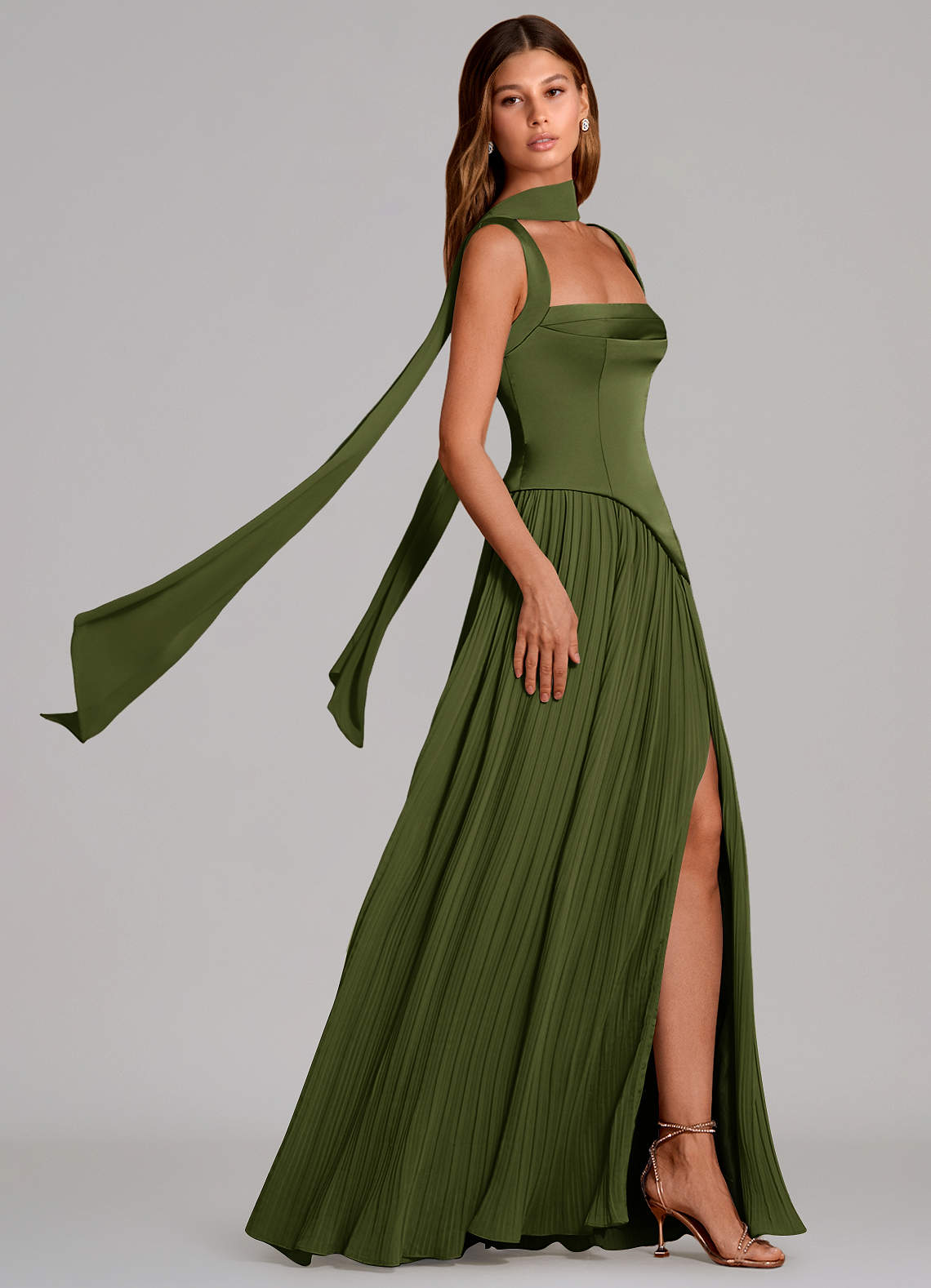 Stephanie A-Line Square-Neck Stretch Satin and Chiffon Bridesmaid Dress in Olive
