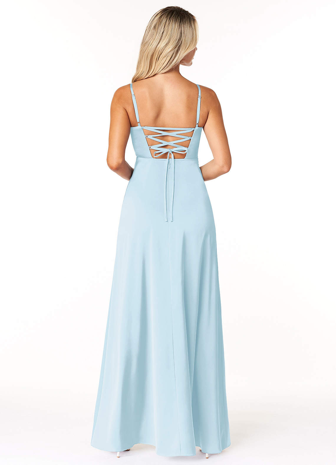 Marchella A-Line V-Neck Stretch Satin Bridesmaid Dress in Sky Blue