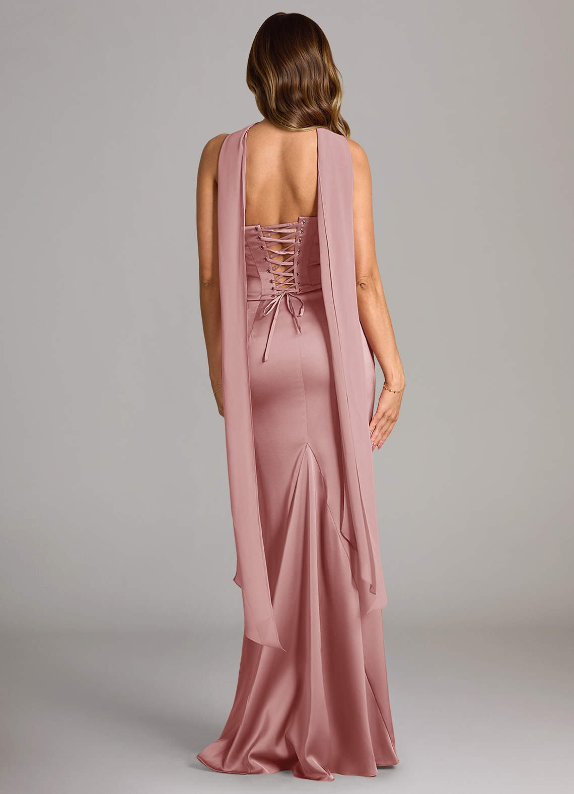 Sorrel Mermaid Cowl-Neck Stretch Satin and Chiffon Bridesmaid Dress in dusty rose