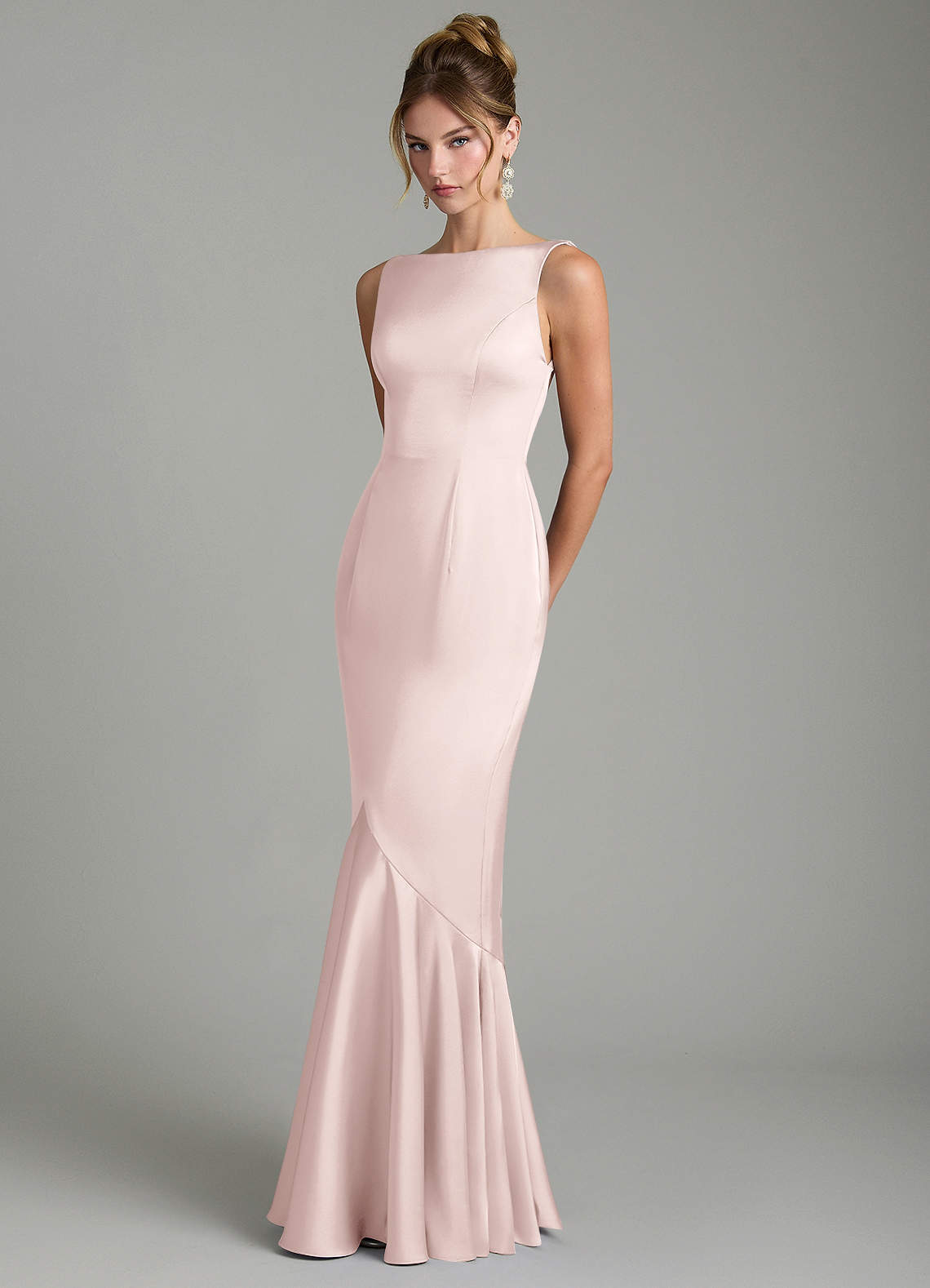 Tamera Mermaid Boat-Neck Stretch Satin and Chiffon Bridesmaid Dress in Blushing Pink