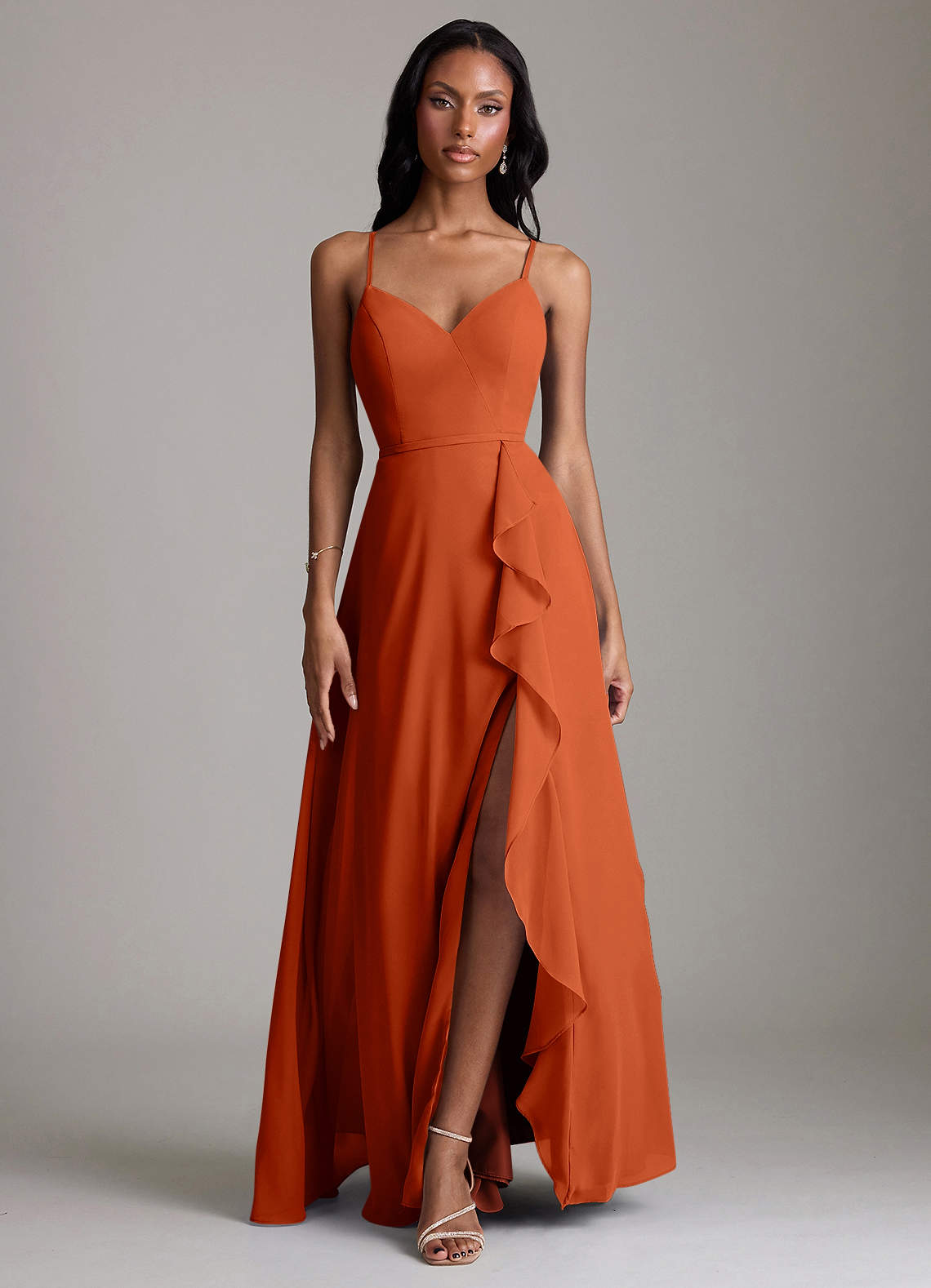 Naeem A-Line V-Neck Chiffon Bridesmaid Dress in Burnt Orange