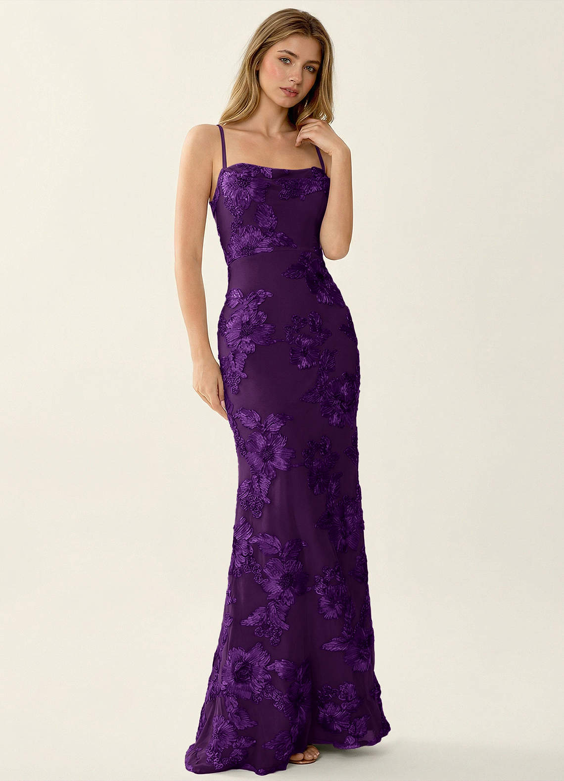 Kailani Mermaid Spaghetti-Strap Lace Evening Dress in Plum