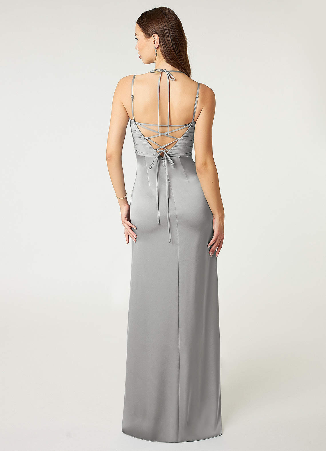 Desi Sheath Halter Stretch Satin Bridesmaid Dress in Silver