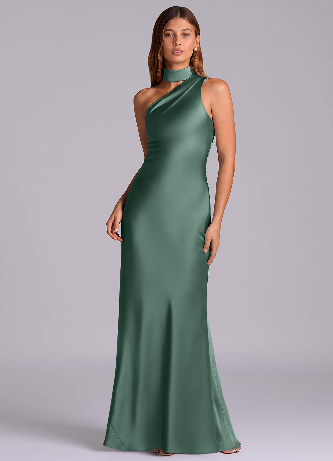 Seona Mermaid One-Shoulder Stretch Satin and Tulle Bridesmaid Dress in Eucalyptus