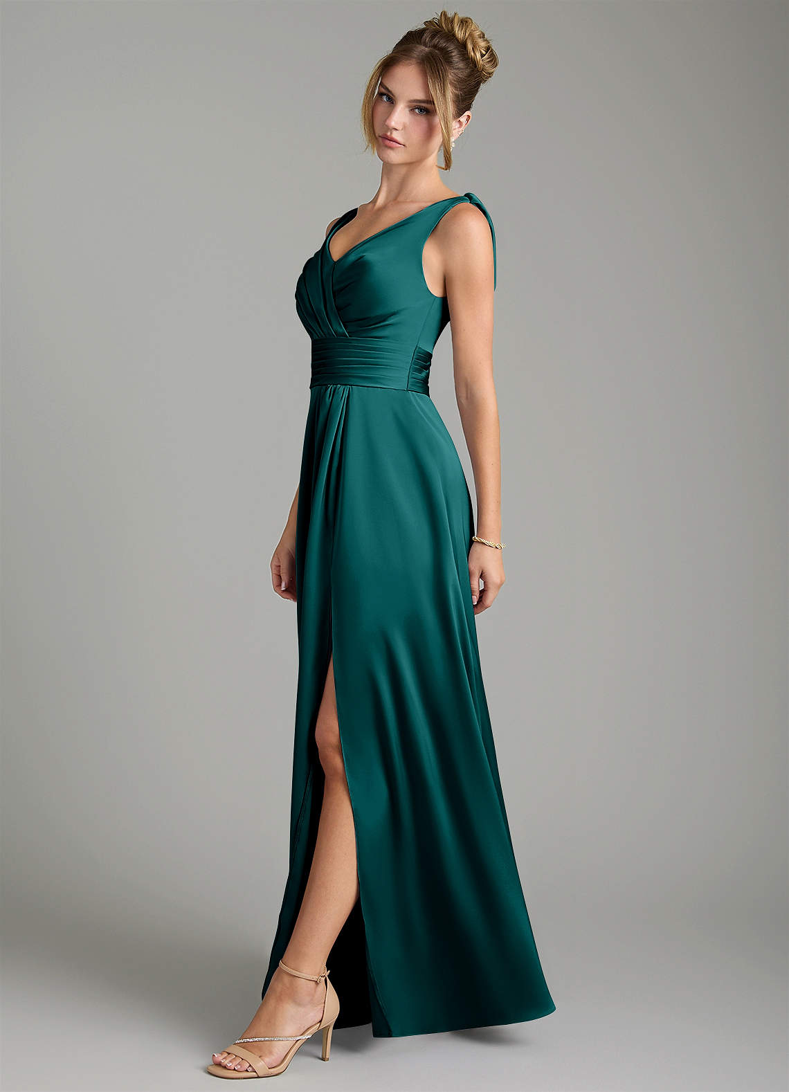 Karina A-Line V-Neck Stretch Satin Bridesmaid Dress in Peacock