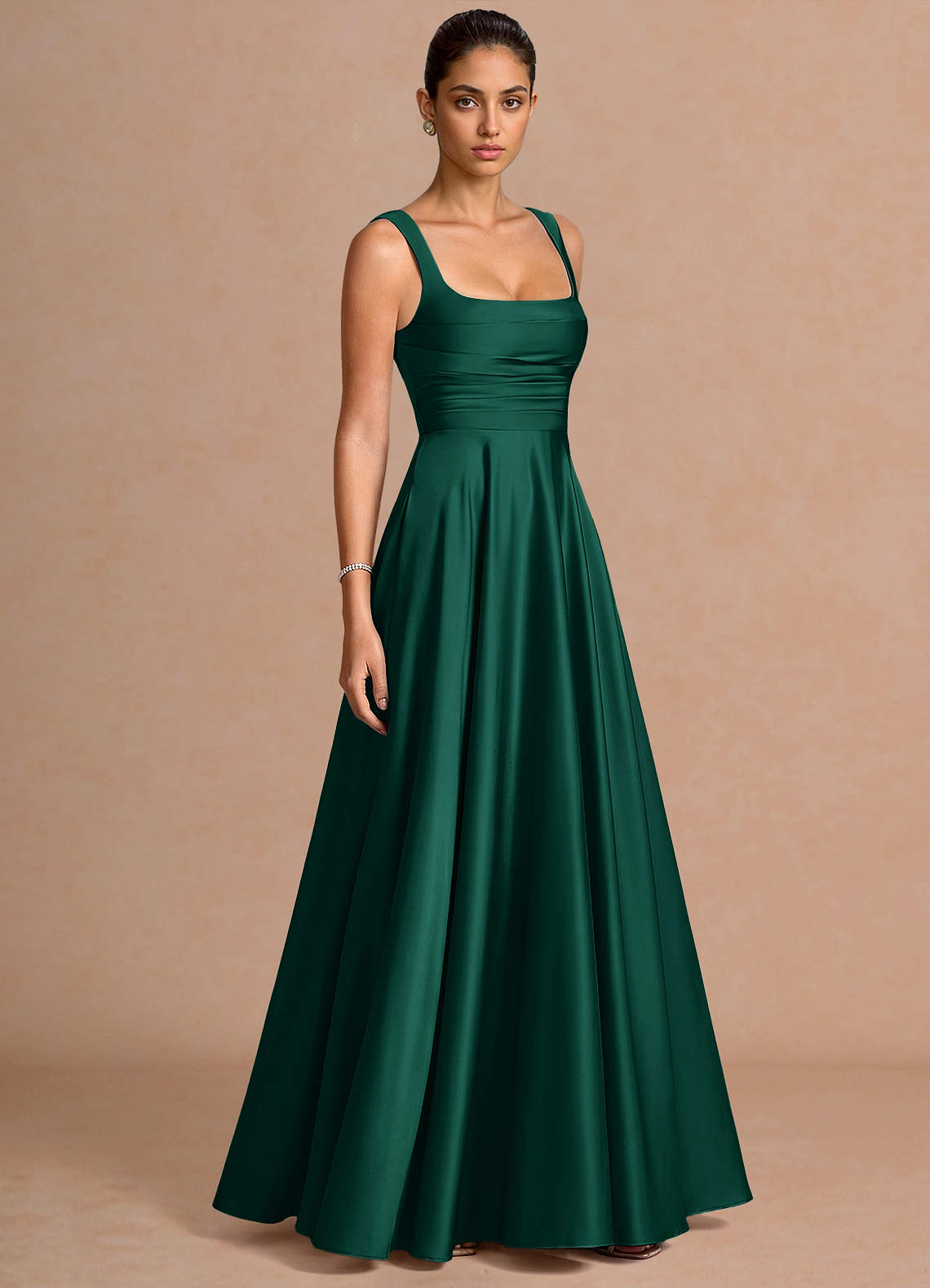 Azaria A-Line Square-Neck Stretch Satin Wedding Guest Dress in Hunter Green