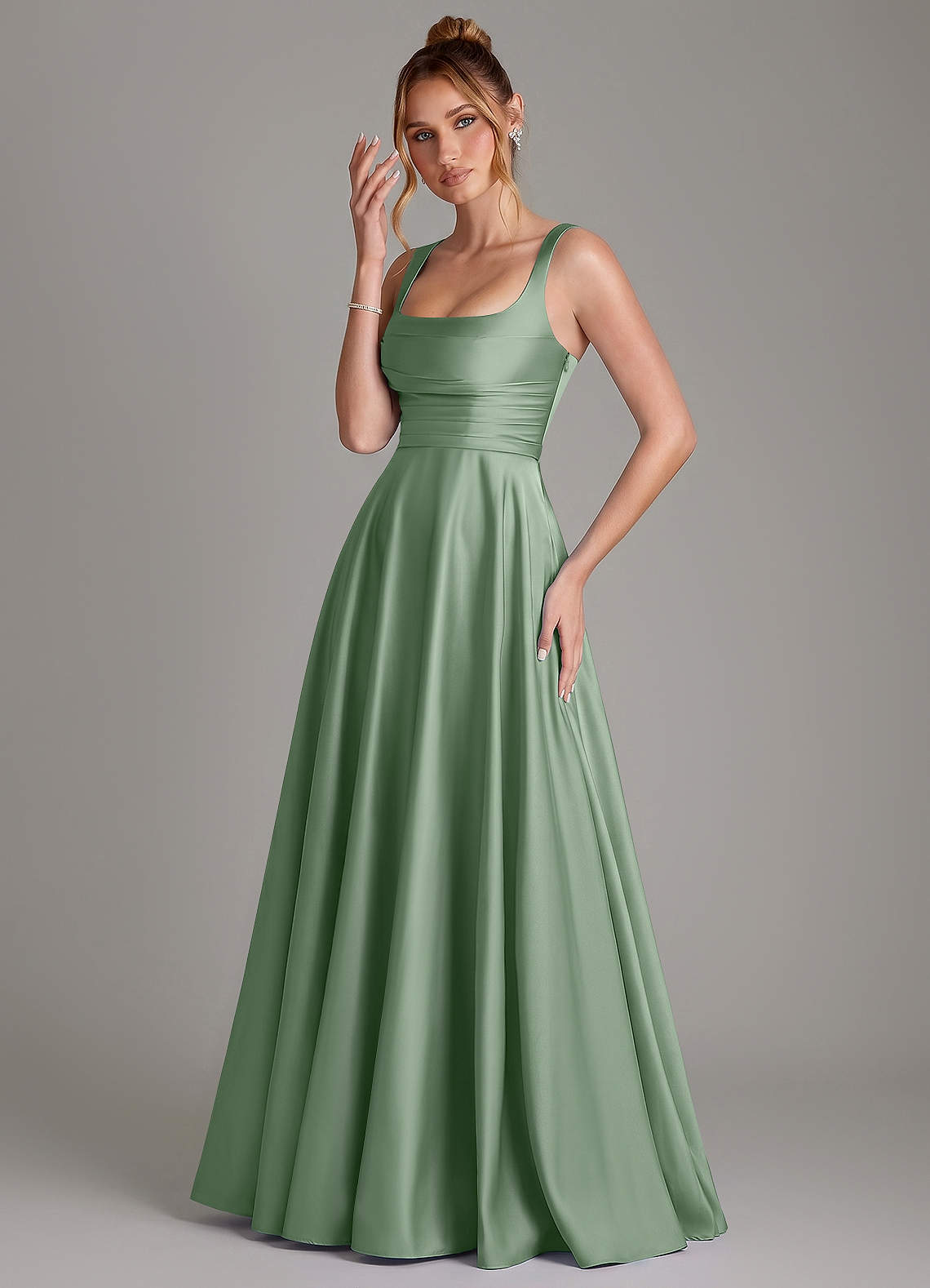 Azaria A-Line Square-Neck Stretch Satin Bridesmaid Dress in Matcha