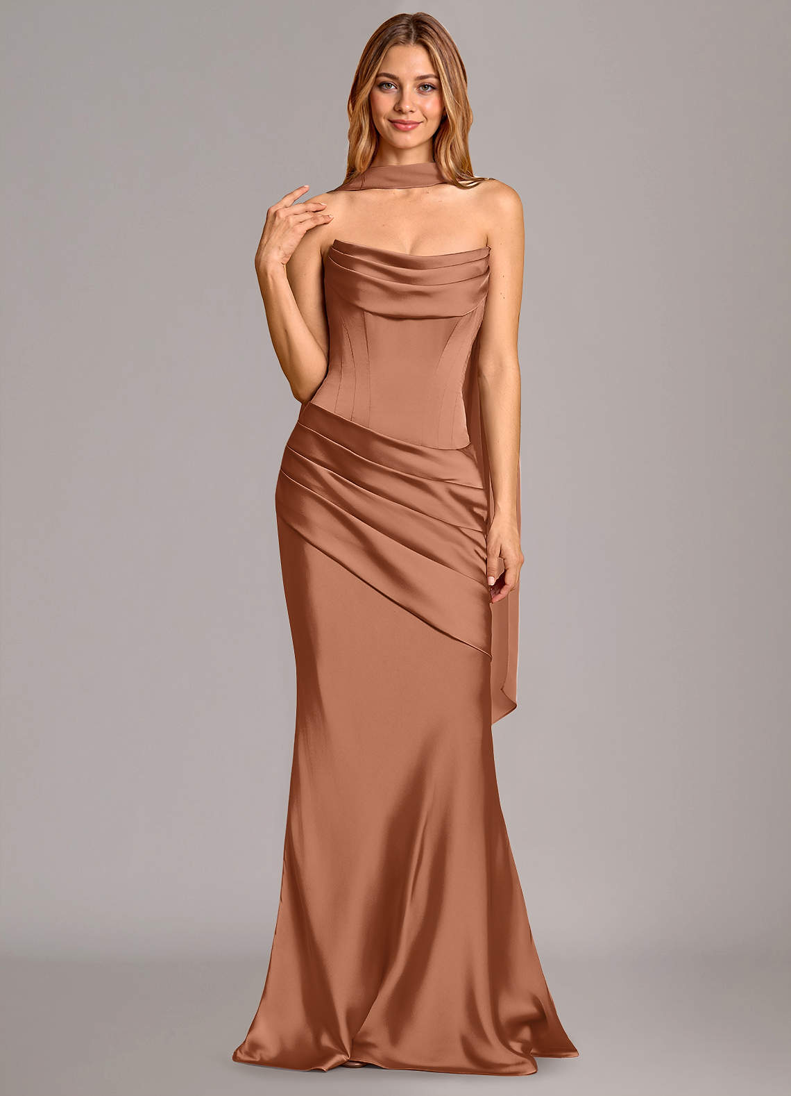 Pelagia Mermaid Cowl-Neck Stretch Satin Bridesmaid Dress in Bronzer