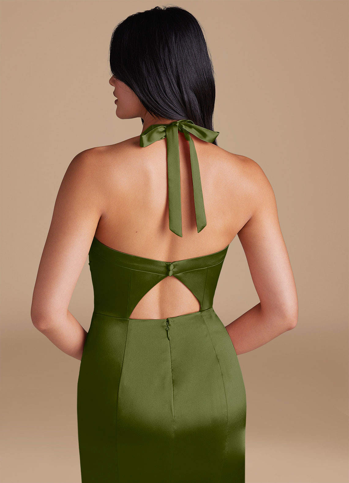 Emeria Sheath Halter Metallic Satin Bridesmaid Dress in Olive