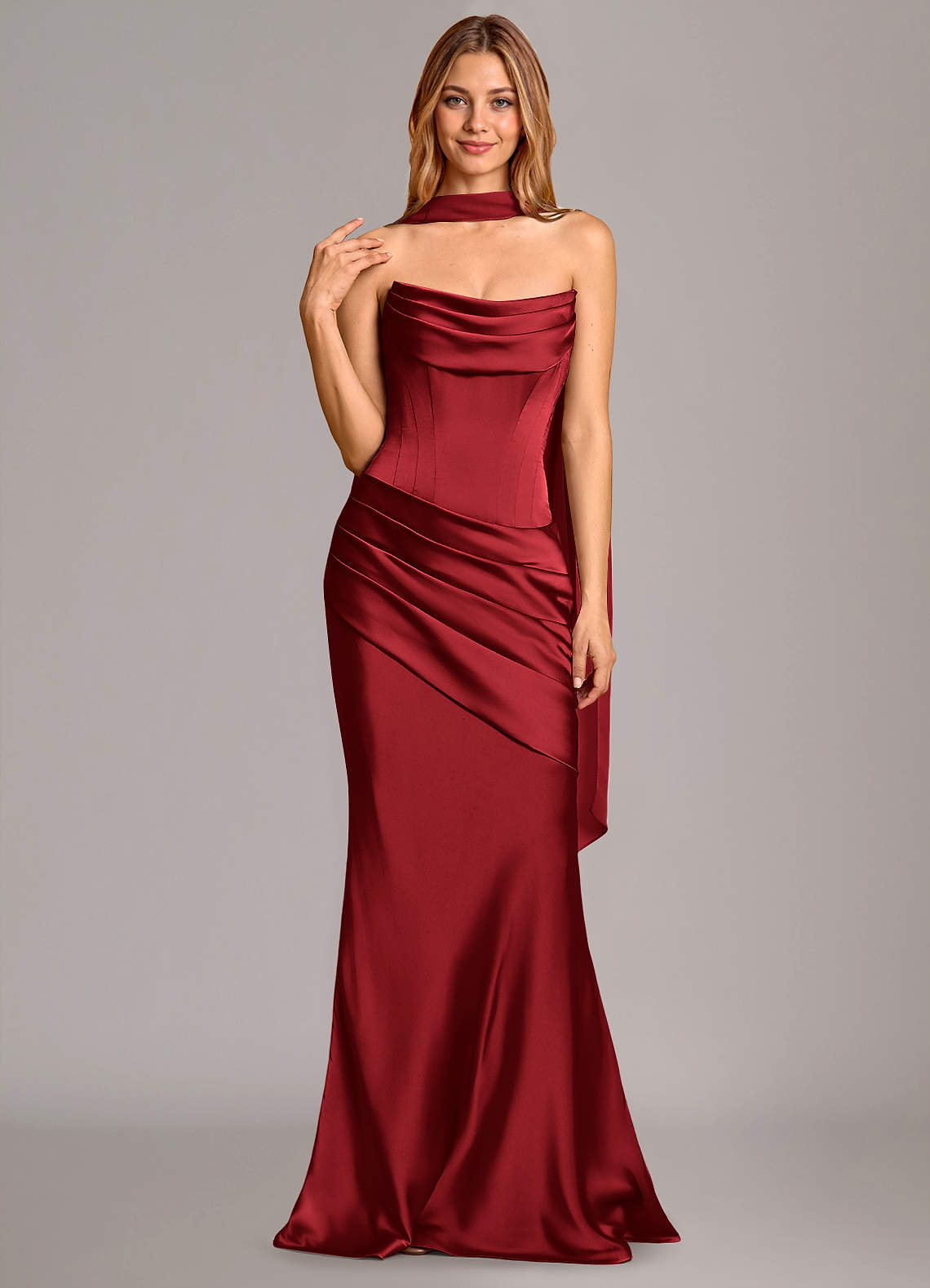 Pelagia Mermaid Cowl-Neck Stretch Satin Bridesmaid Dress in Scarlet