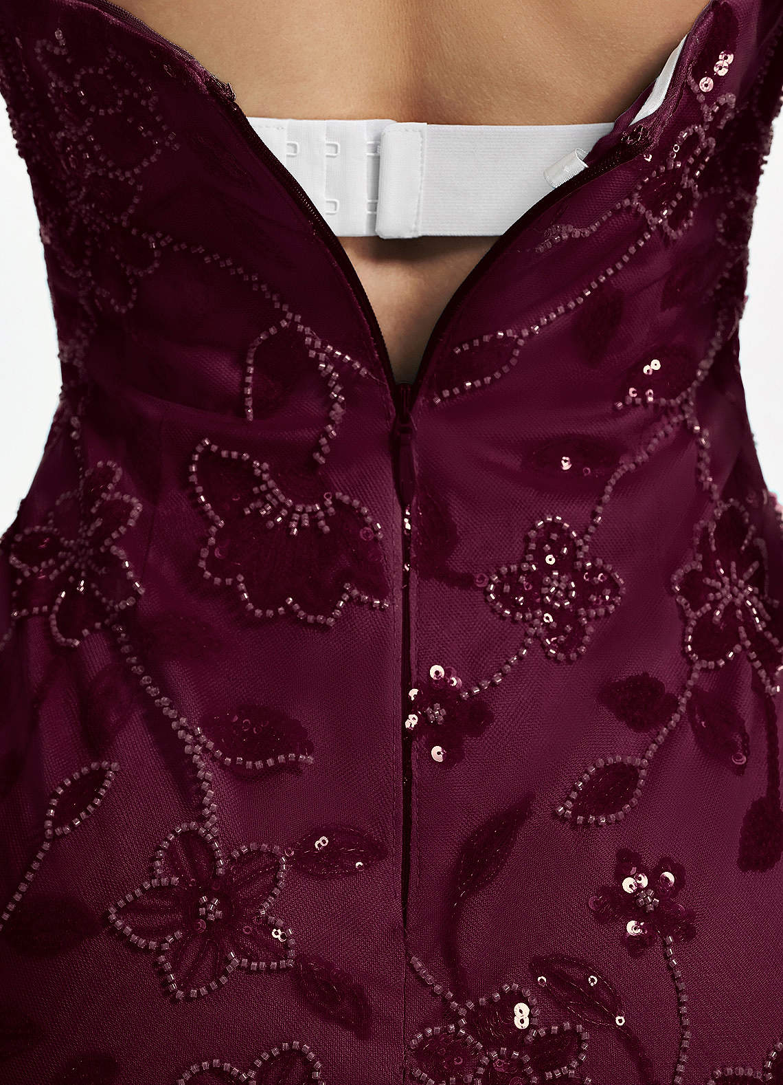 Clarissiana Mini Strapless 3D Floral Beaded Mesh Prom Dress in Burgundy