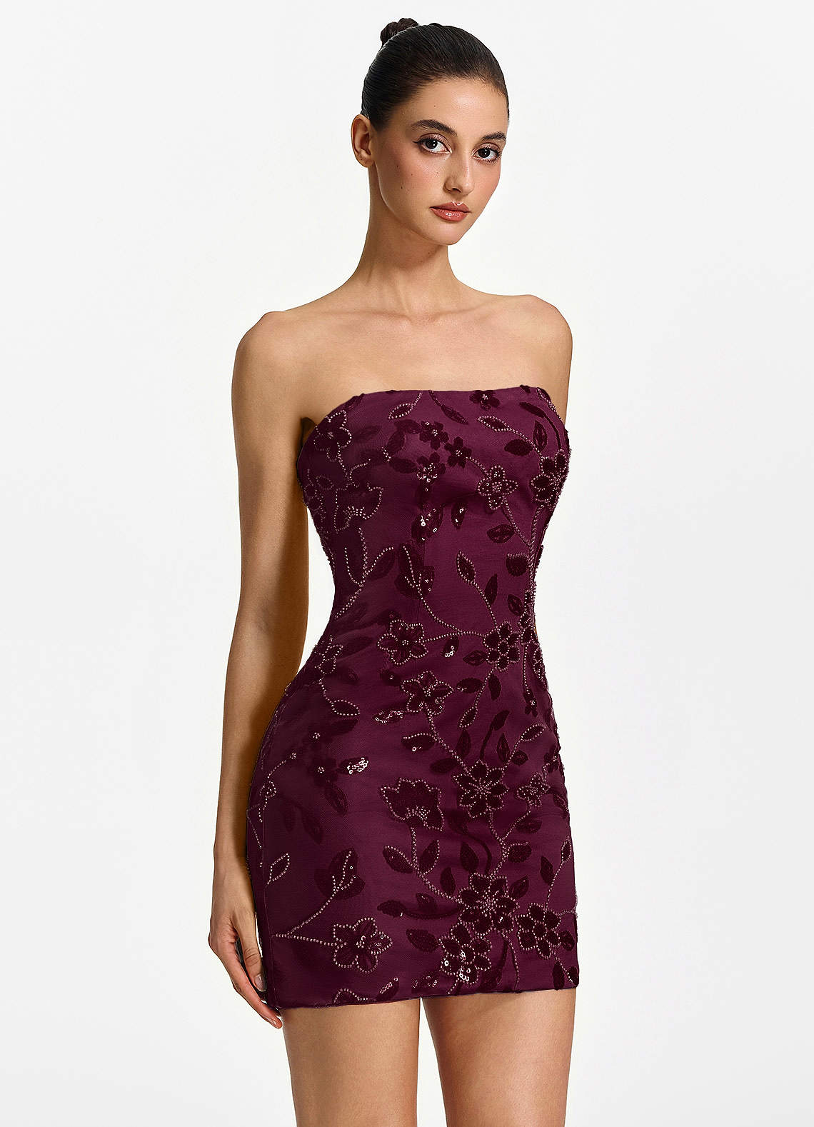 Clarissiana Mini Strapless 3D Floral Beaded Mesh Prom Dress in Burgundy