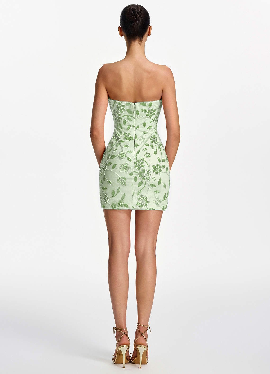 Clarissiana Mini Strapless 3D Floral Beaded Mesh Prom Dress in Sage