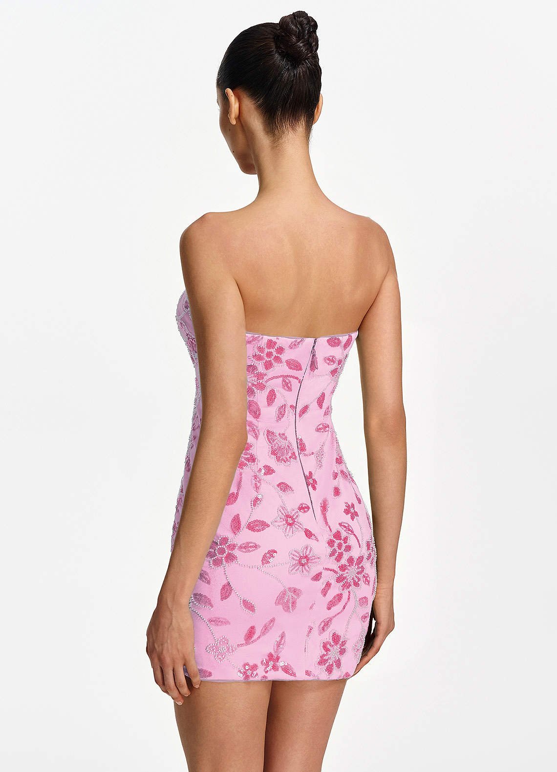 Clarissiana Mini Strapless 3D Floral Beaded Mesh Prom Dress in Pink