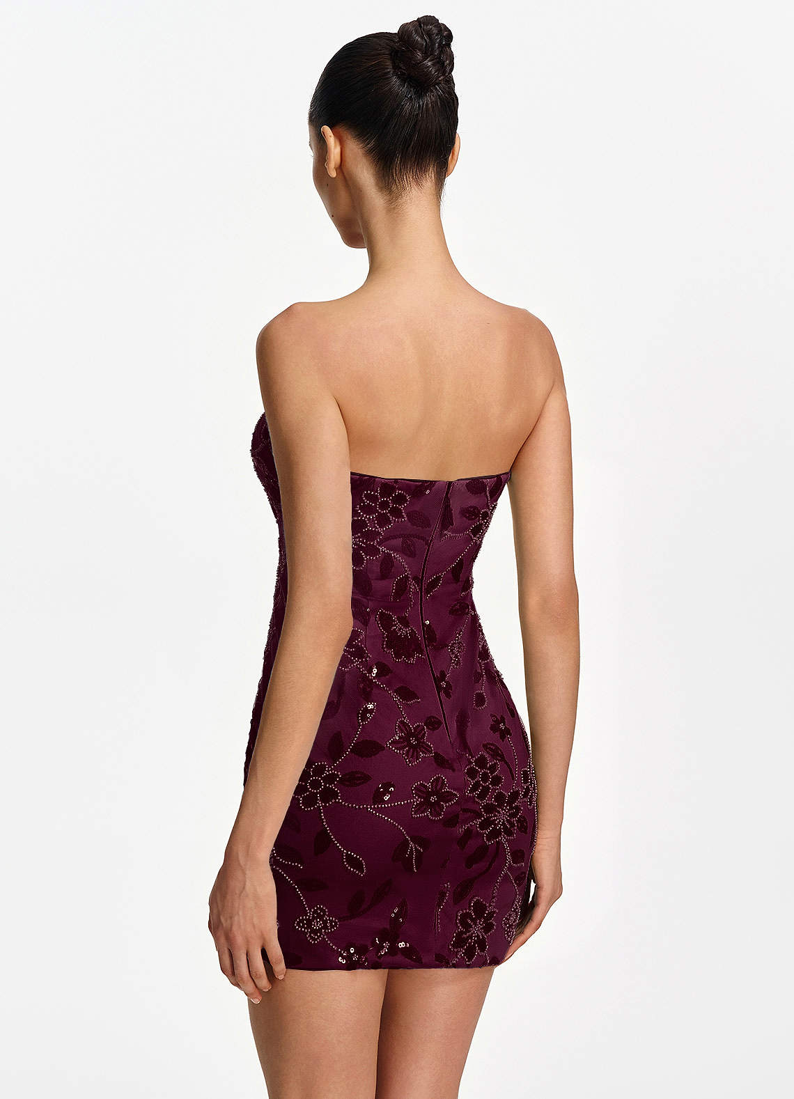 Clarissiana Mini Strapless 3D Floral Beaded Mesh Prom Dress in Burgundy