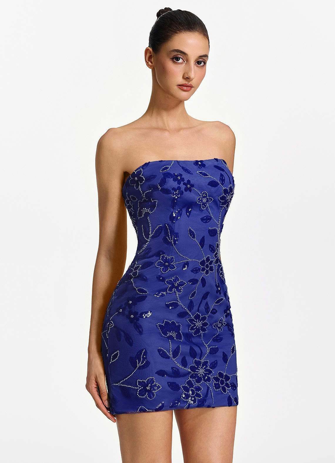 Clarissiana Mini Strapless 3D Floral Beaded Mesh Prom Dress in Royal Blue