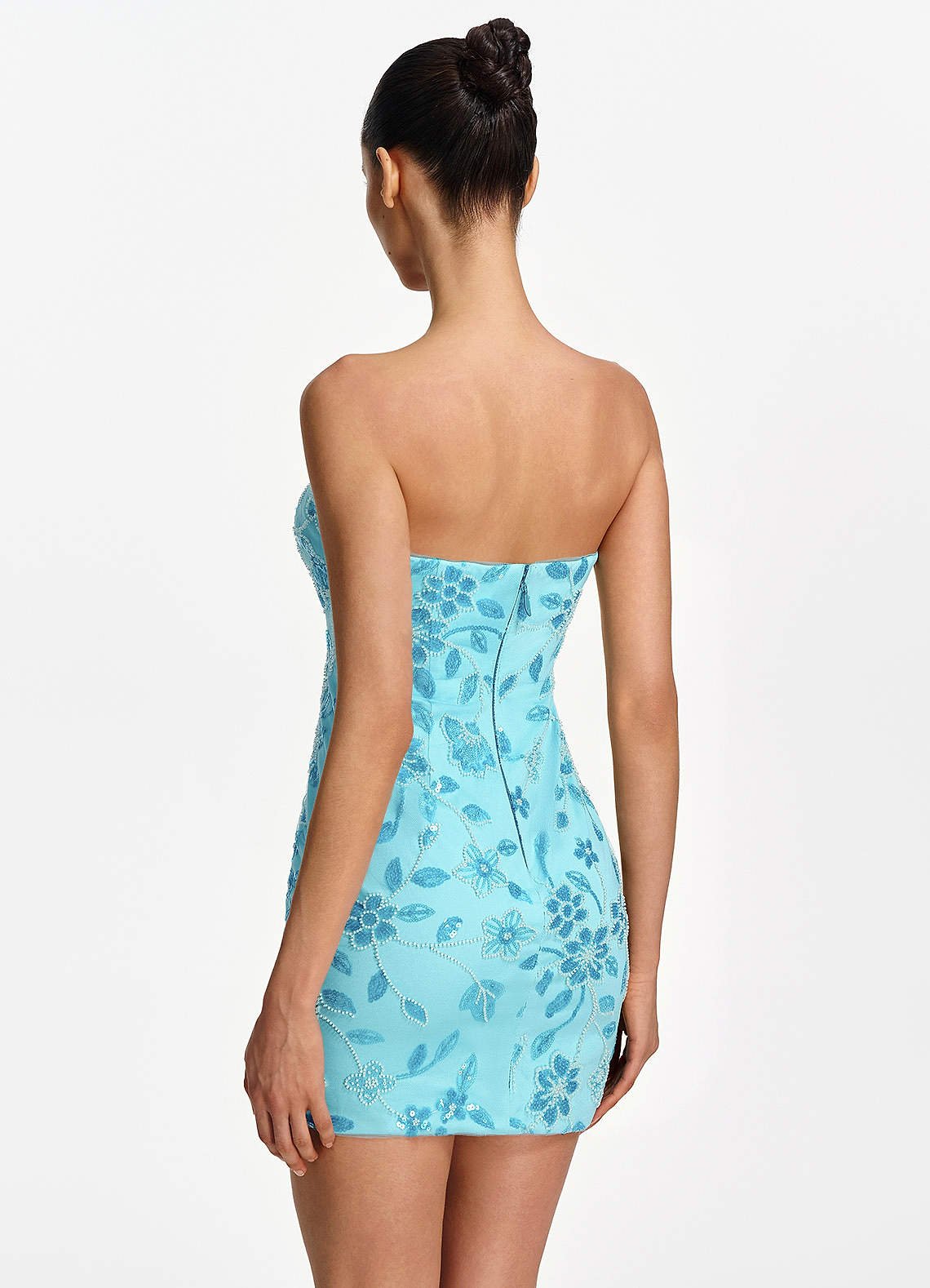 Clarissiana Mini Strapless 3D Floral Beaded Mesh Prom Dress in Blue