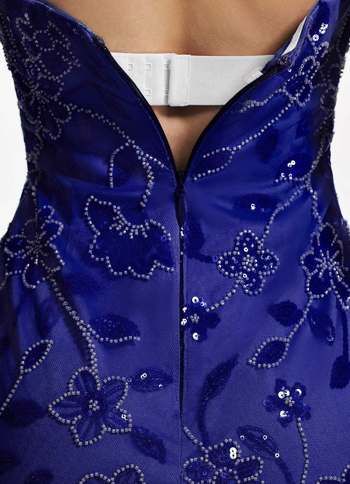 Clarissiana Mini Strapless 3D Floral Beaded Mesh Prom Dress in Royal Blue