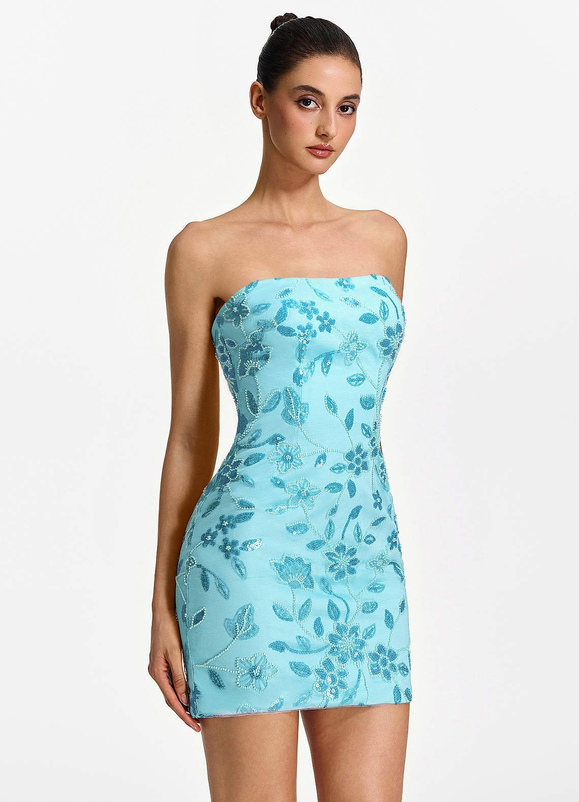 Clarissiana Mini Strapless 3D Floral Beaded Mesh Prom Dress in Blue