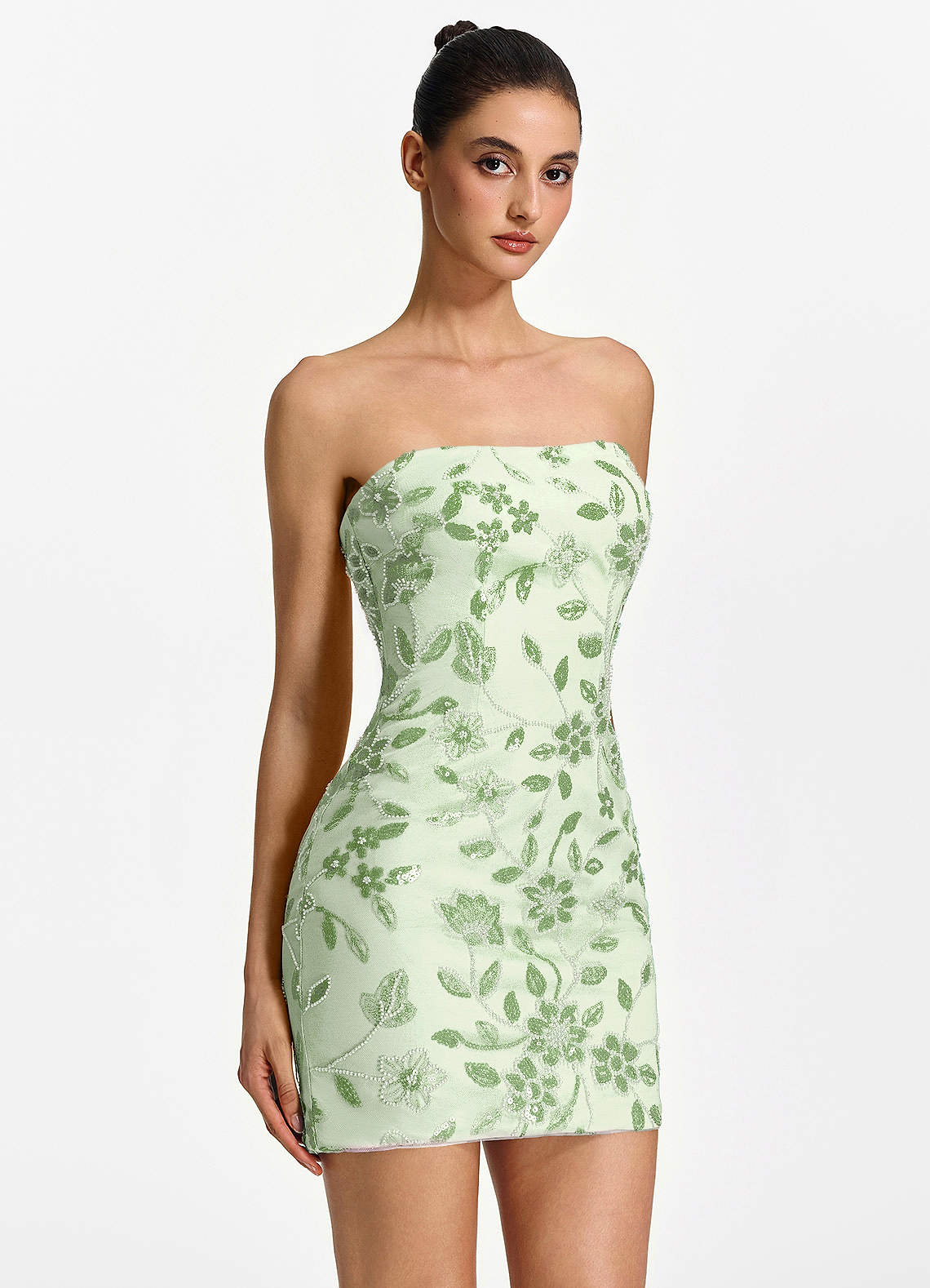 Clarissiana Mini Strapless 3D Floral Beaded Mesh Prom Dress in Sage