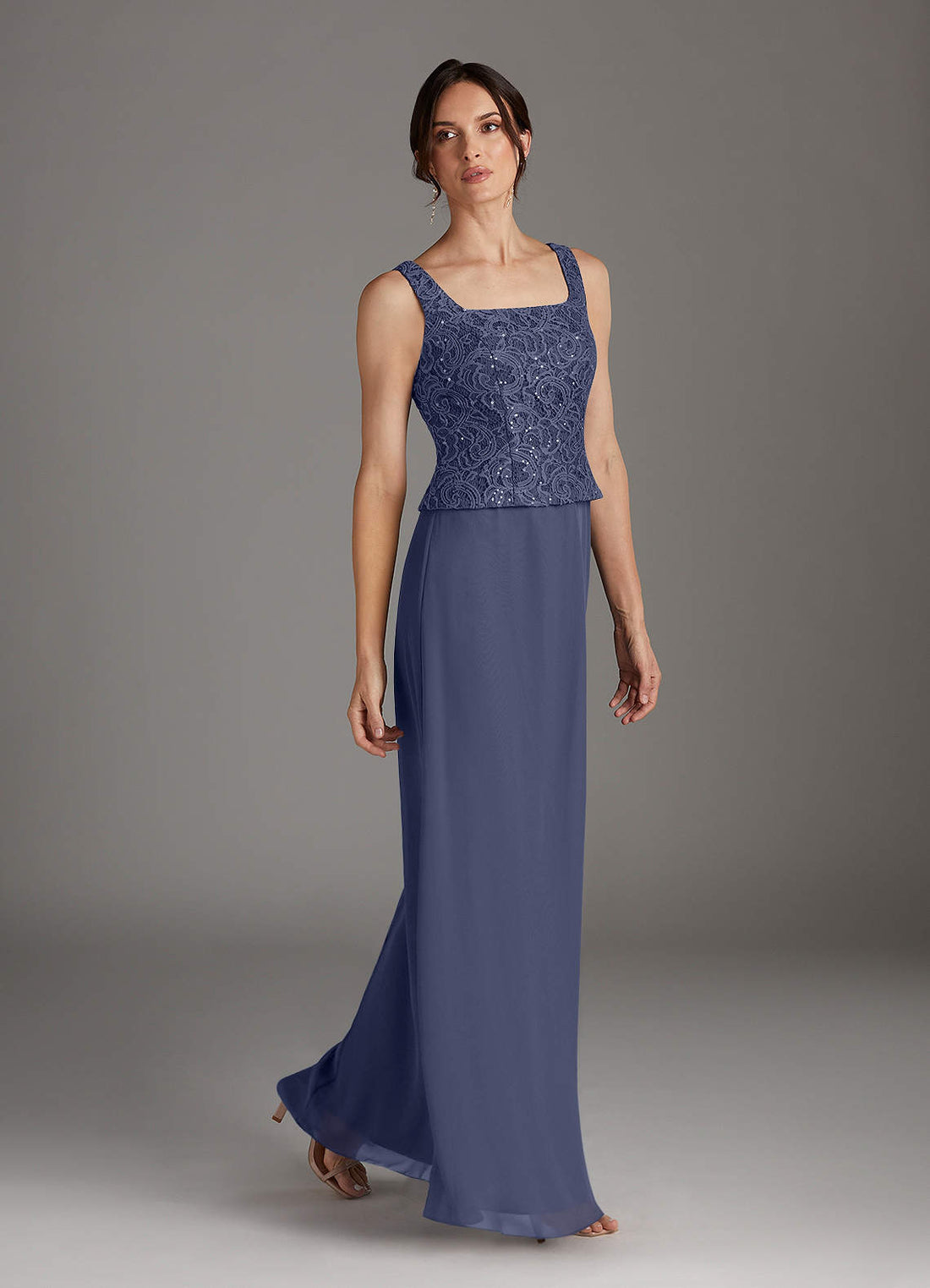 Cornelia Sheath Square-Neck Chiffon and Lace Mother of the Bride Dress in Stormy