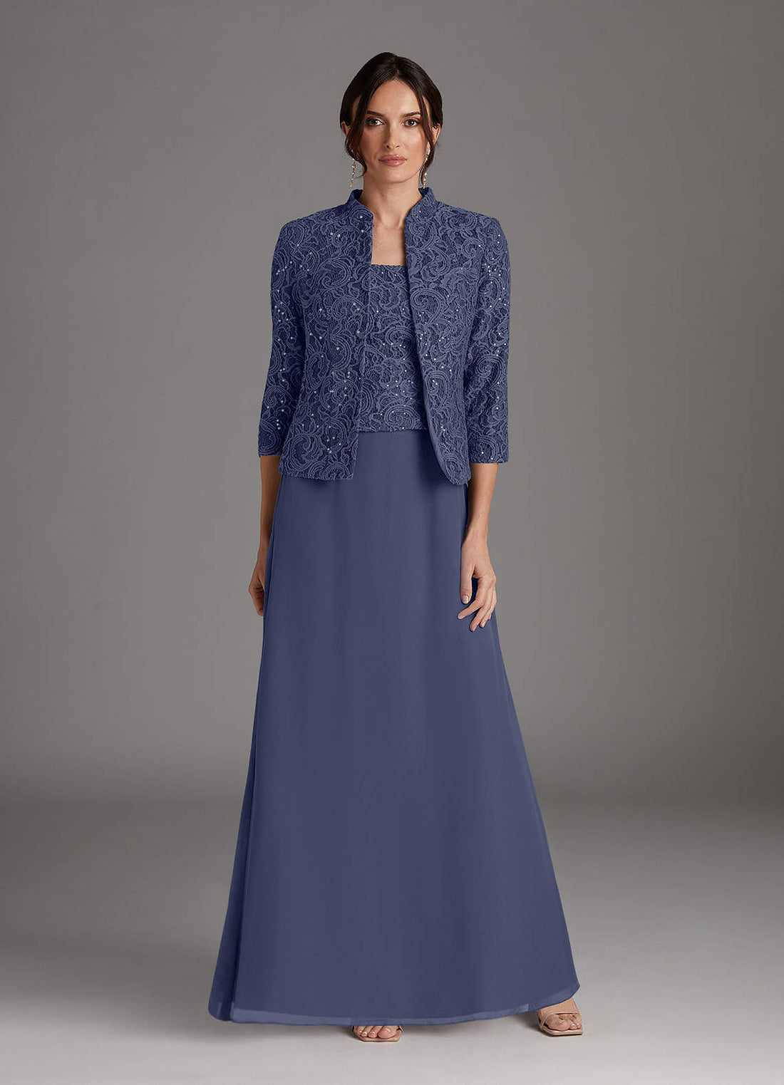 Cornelia Sheath Square-Neck Chiffon and Lace Mother of the Bride Dress in Stormy