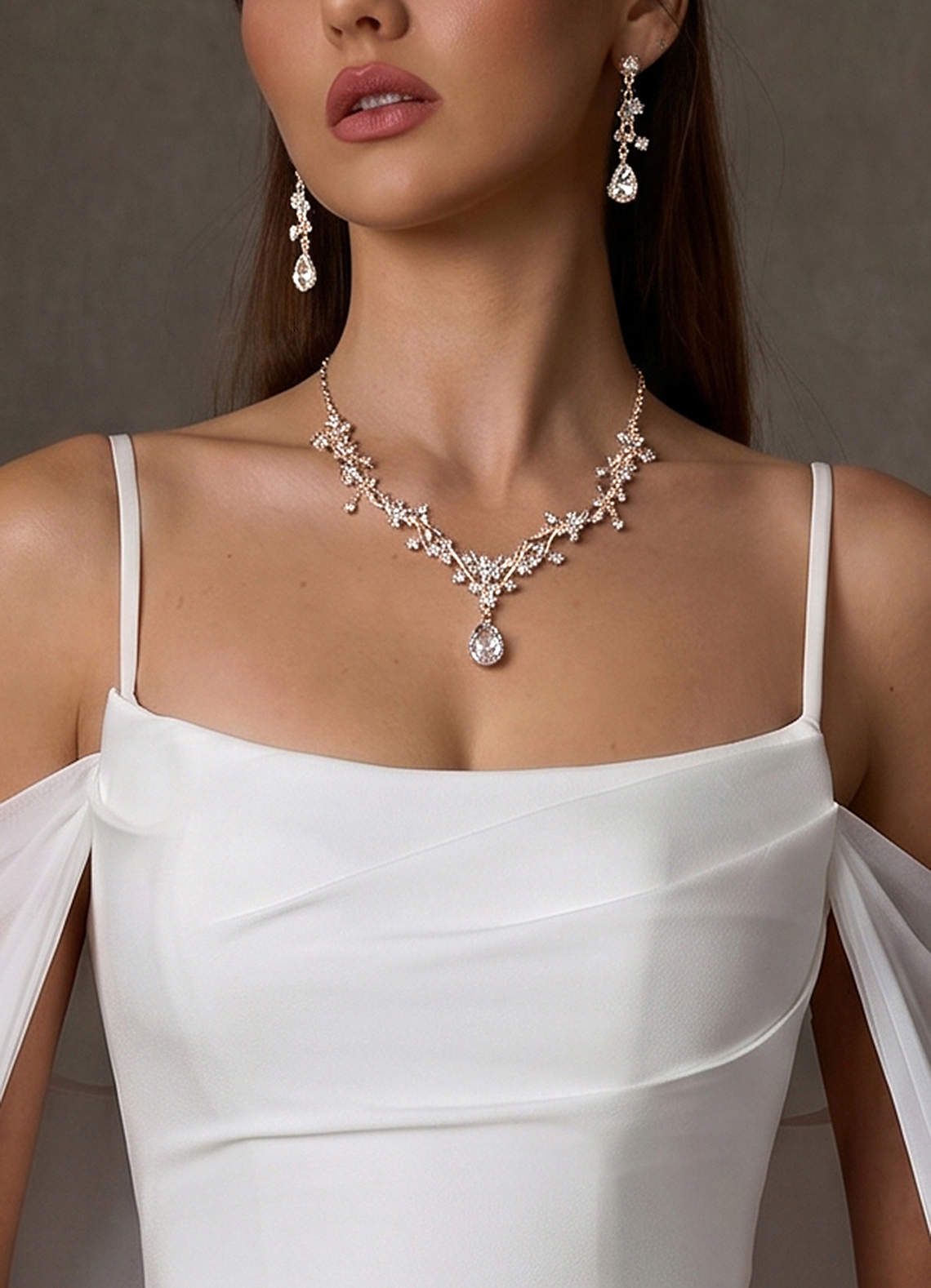 Crystal Rhinestone Necklace And Earrings Set — Gold — 图 14/32