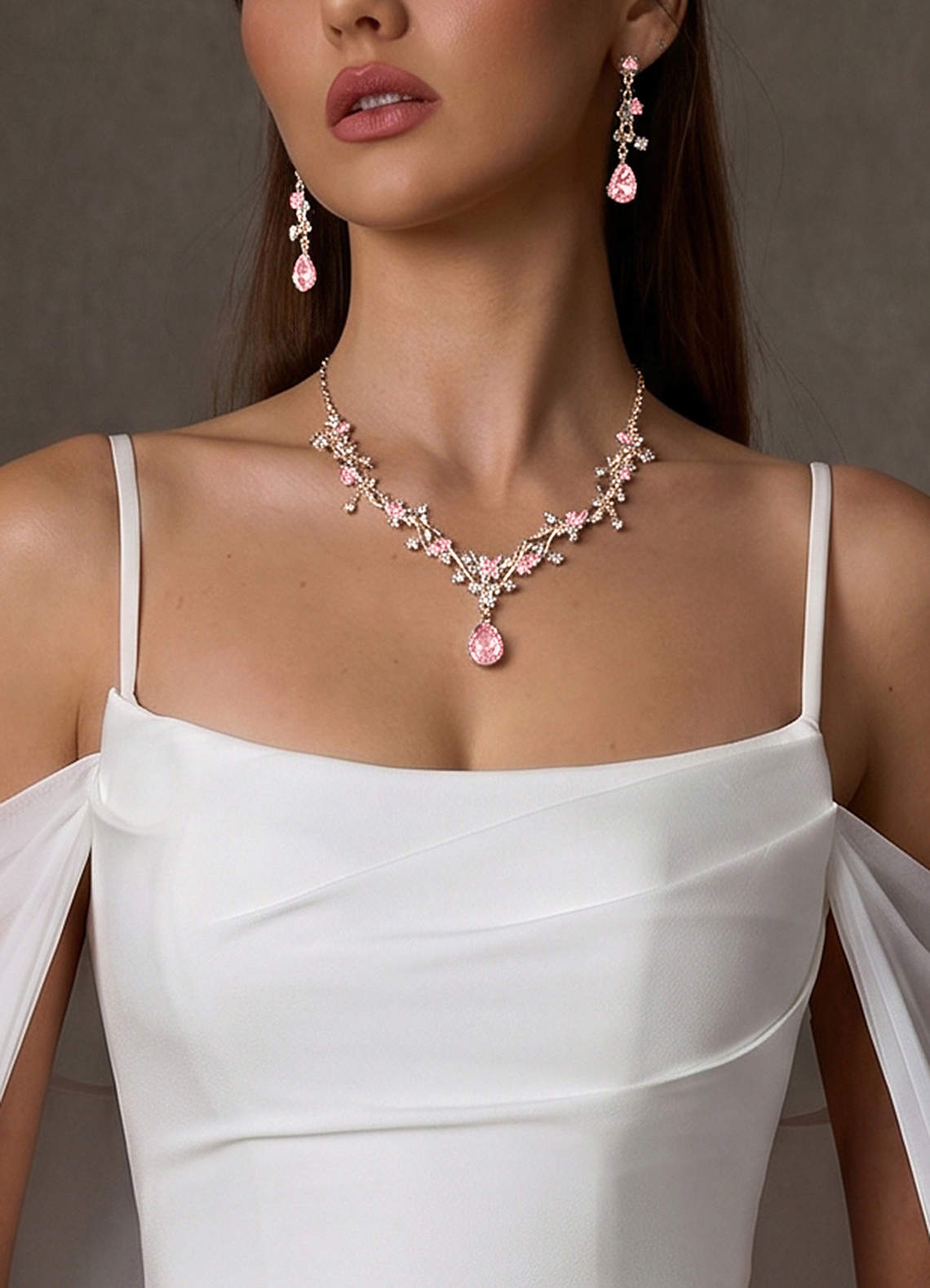 Crystal Rhinestone Necklace And Earrings Set — pink — 图 9/32