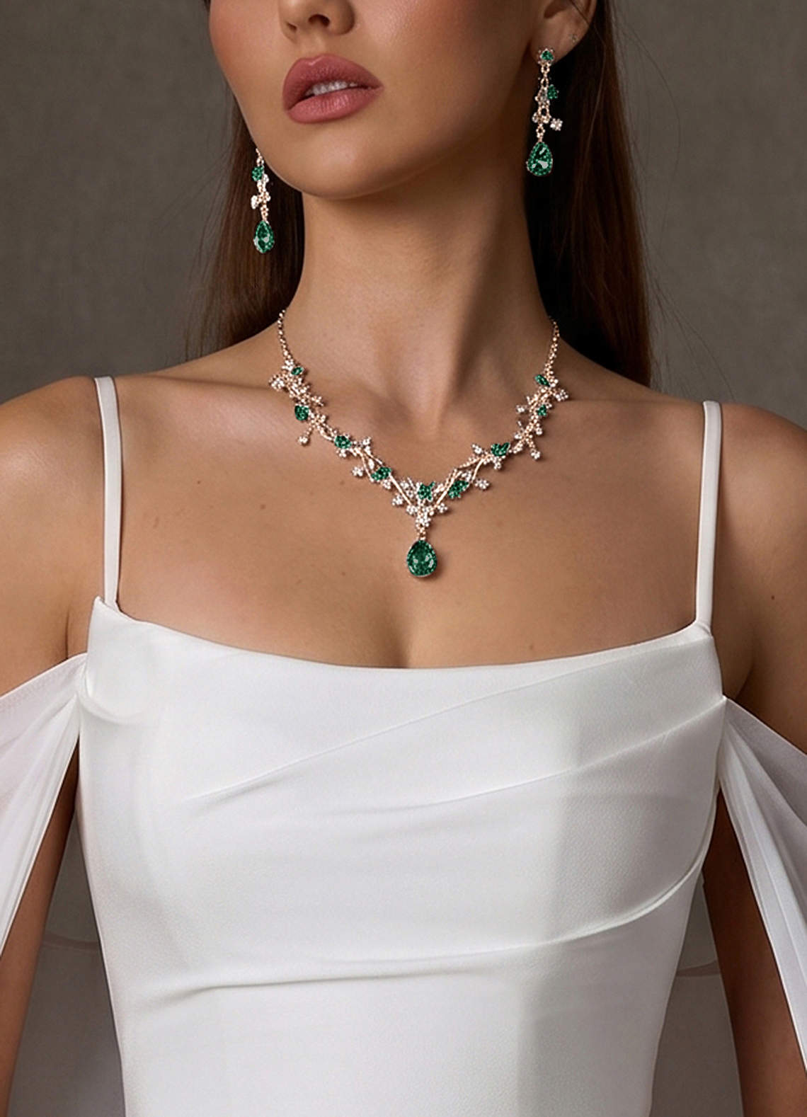 Crystal Rhinestone Necklace And Earrings Set — green — 图 4/32