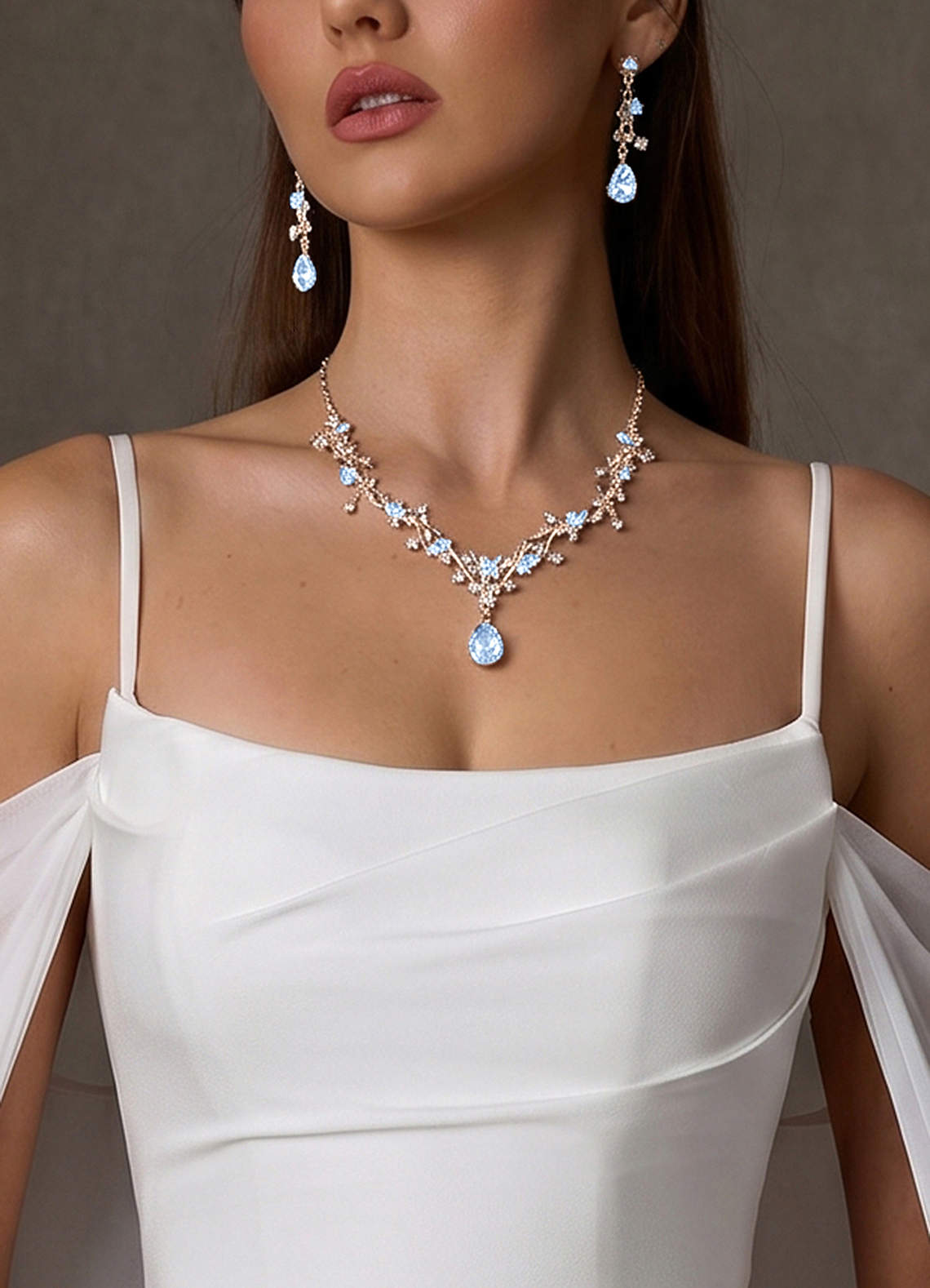 Crystal Rhinestone Necklace And Earrings Set — Light Blue — 图 31/32
