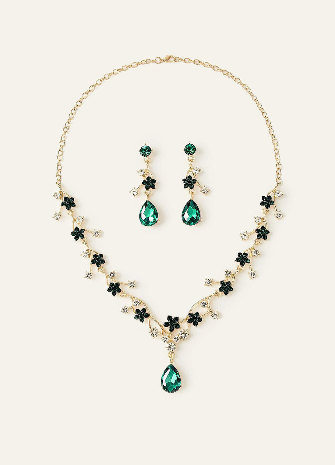 Crystal Rhinestone Necklace And Earrings Set — green — 图 1/32