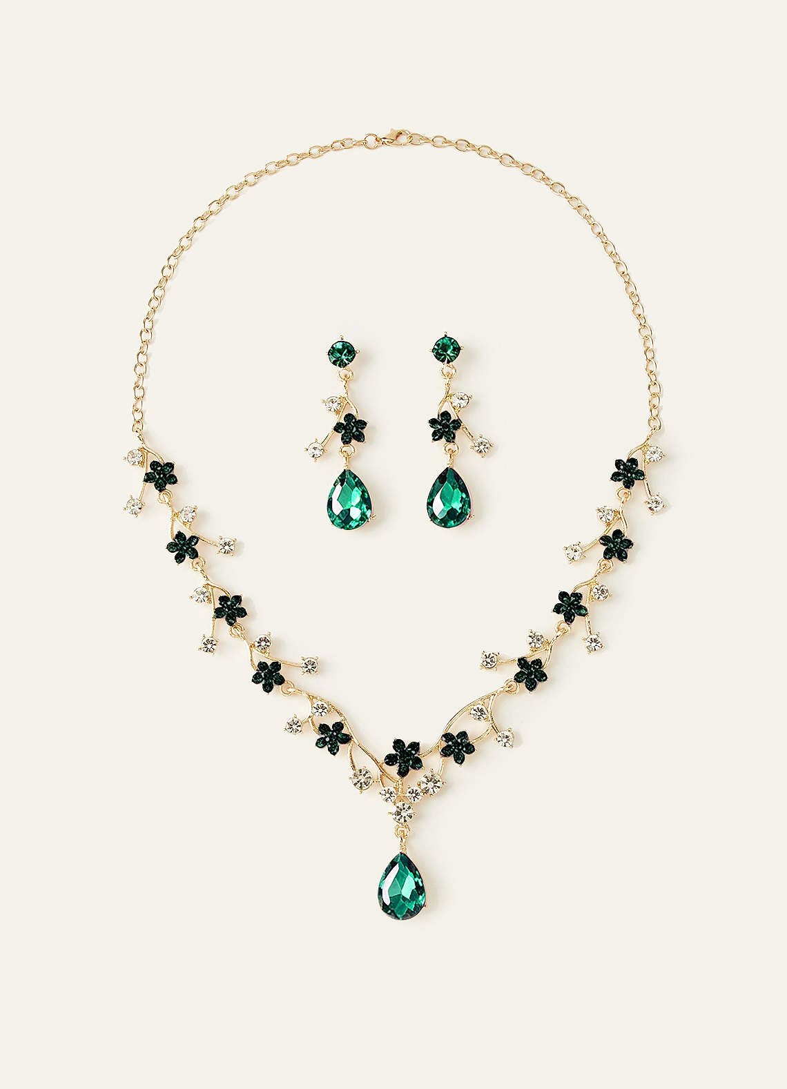 Crystal Rhinestone Necklace And Earrings Set — green — 图 1/32